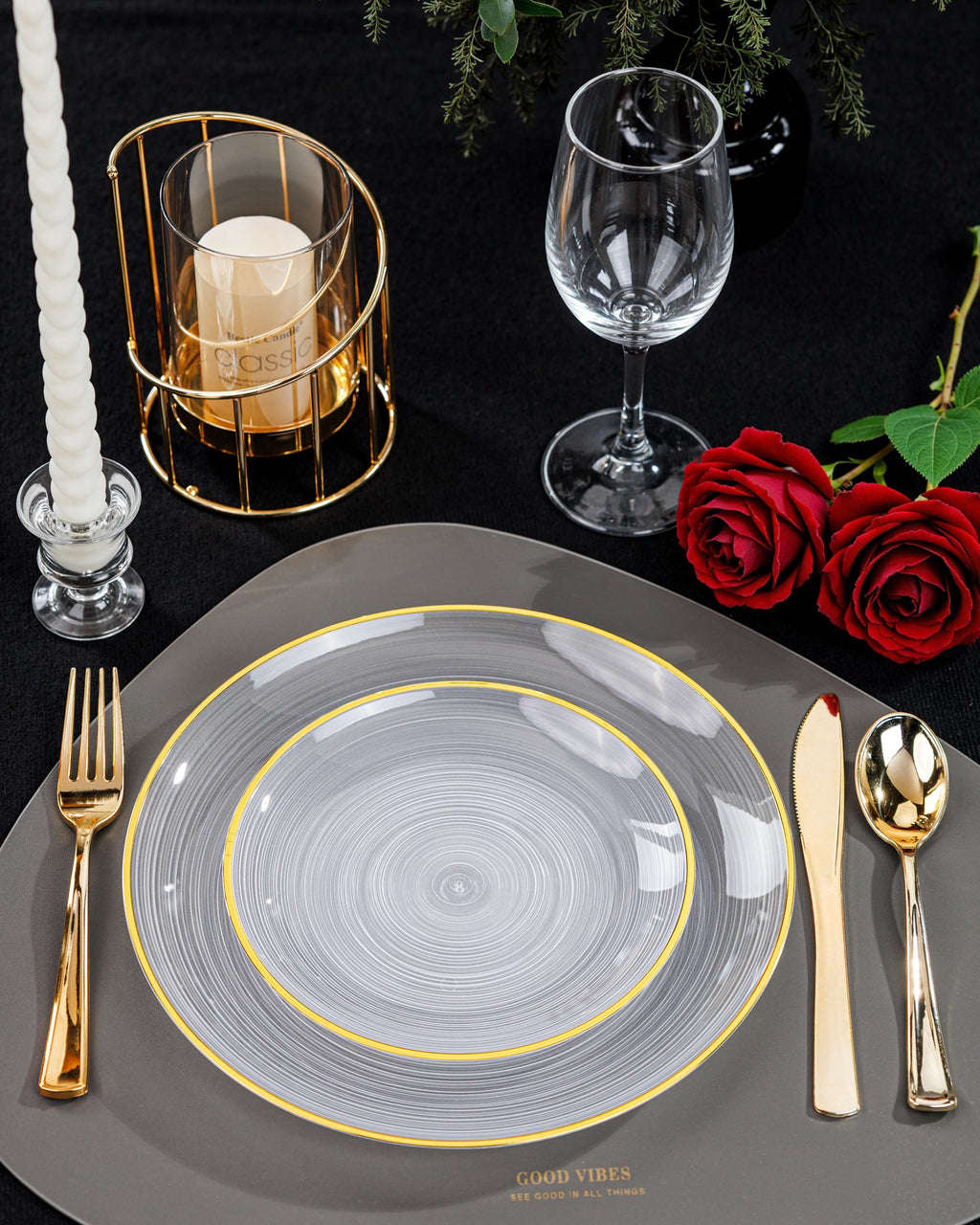Morejoy 60Pcs Brown Plastic Plates,Brown Disposable Plates With Gold Rim, Gold Party Dinnerware Set Include 30 Dessert plates,30 Dinner plates for Party & Wedding
