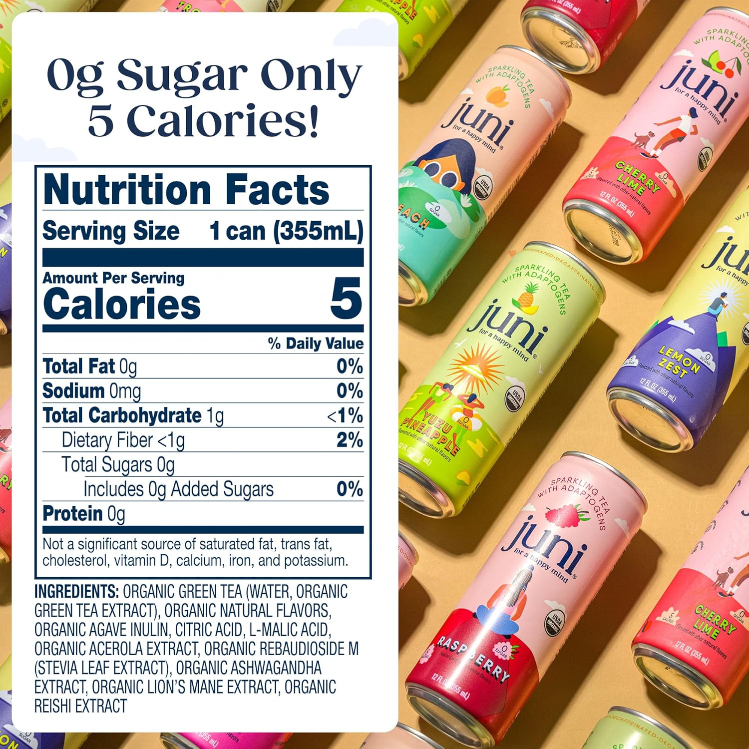 Juni Sparkling Adaptogen Drinks for Calm and Focus, Ashwagandha, Lion's Mane & Reishi Mushrooms, 30mg Green Tea Caffeine, Zero Sugar, Peach and Raspberry 24 Pack