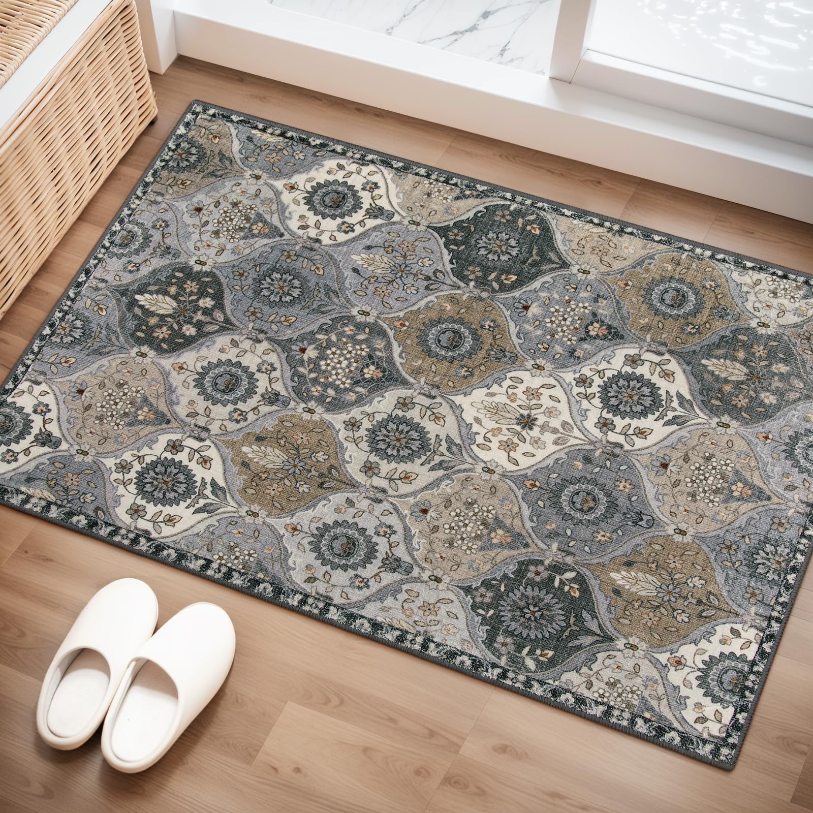 Lahome Moroccan Trellis Washable Rug, 2x3 Kitchen Rugs for Entryway Bathroom, Non-Slip Indoor Door Mat Ultra-Thin, Small Oriental Throw Carpet for Bedroom Entry Elise, Cream/Multi