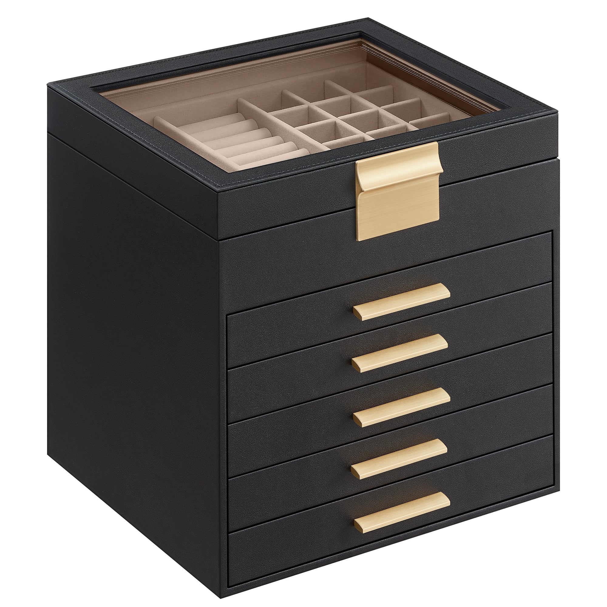 SONGMICS GISELLA Collection - Jewelry Box Organizer, 3-Layer Jewelry Storage with 2 Drawers, Shiny Metal Hardware, Glass Lid, Modern, 8 x 9.1 x 5.3 Inches, Cloud White and Gold Color UJBC239WT
