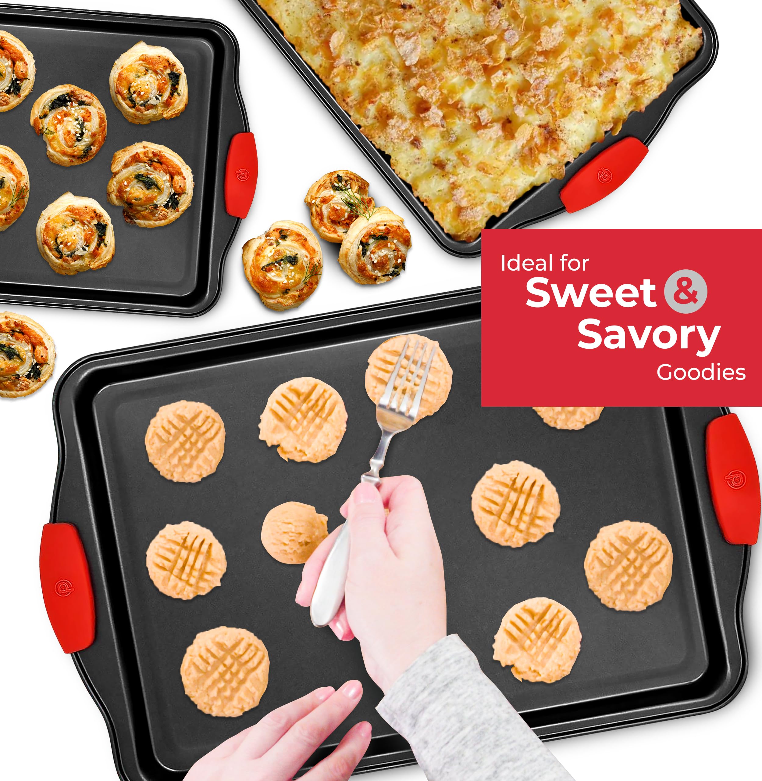 PERLLI Non-Stick 6-Piece Baking Pan Set, BPA-Free Carbon Steel Bakeware Set with Silicone Handles, Stackable Kitchen Oven Set, Cookie Sheet, Baking Tray, Baking Sheet Set, Oven Safe (446°F)
