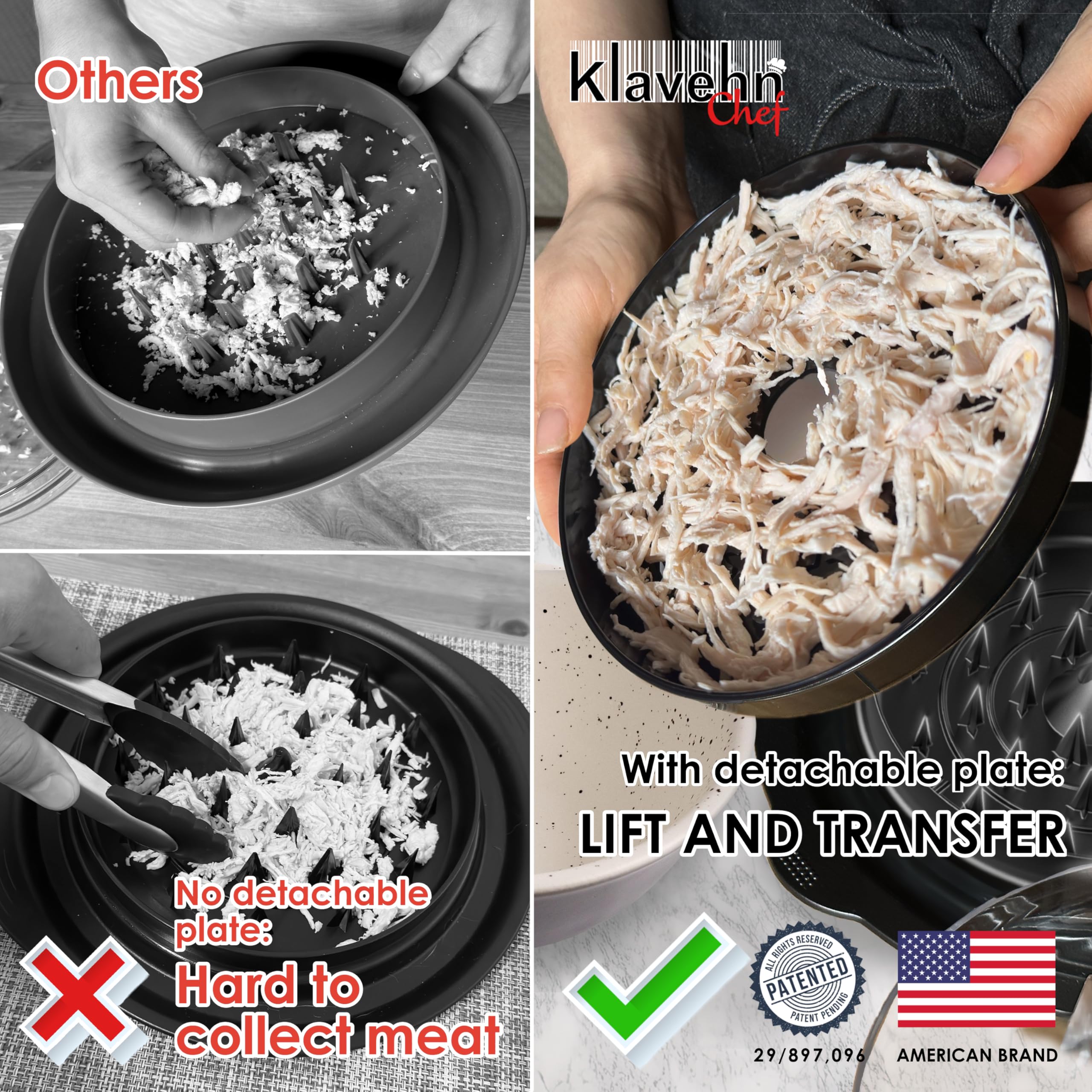 American Brand - Trituradora de pollo de 3 capas con placa desmontable + cepillo especial, doble antideslizante, sin BPA, resistente al calor, apta para lavavajillas, herramienta de trituración de pechuga de pollo, carne de res, cerdo, picadora de carne