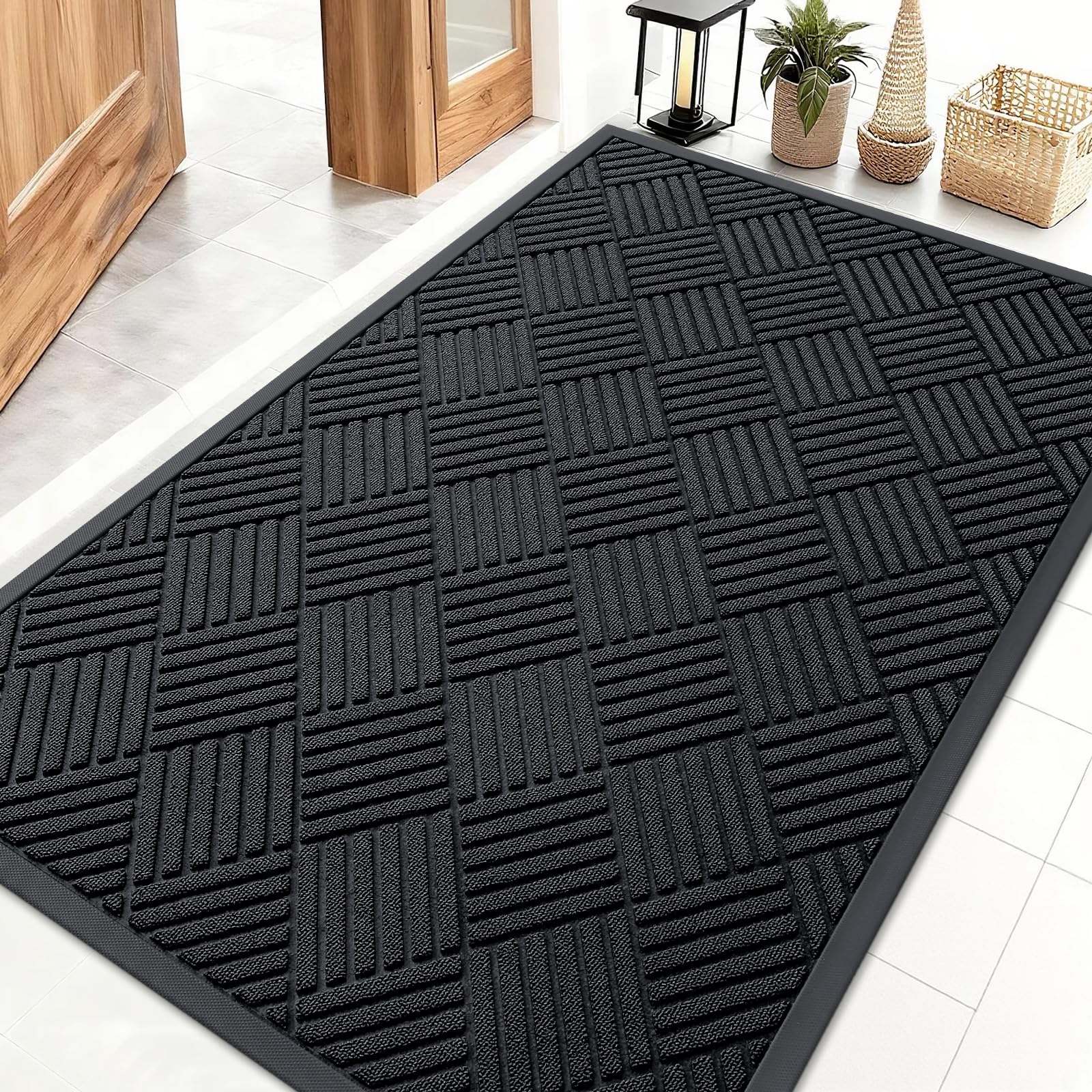 OLANLY Front Door Mat Outside Entrance 29.5x17, Absorbent, Heavy Duty Sturdy Natural Rubber Doormat Indoor Outdoor, Stain and Fade Resistant, Non-Slip Low Profile Floor Mat for Entryway, Grey Diamond