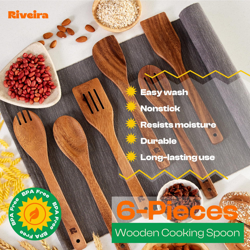 Riveira Dark Bamboo Wooden Spoons for Cooking 6-Piece, Apartment Essentials Wood Spatula Spoon Nonstick Kitchen Utensil Set Premium Quality Housewarming Gifts for Everyday Use