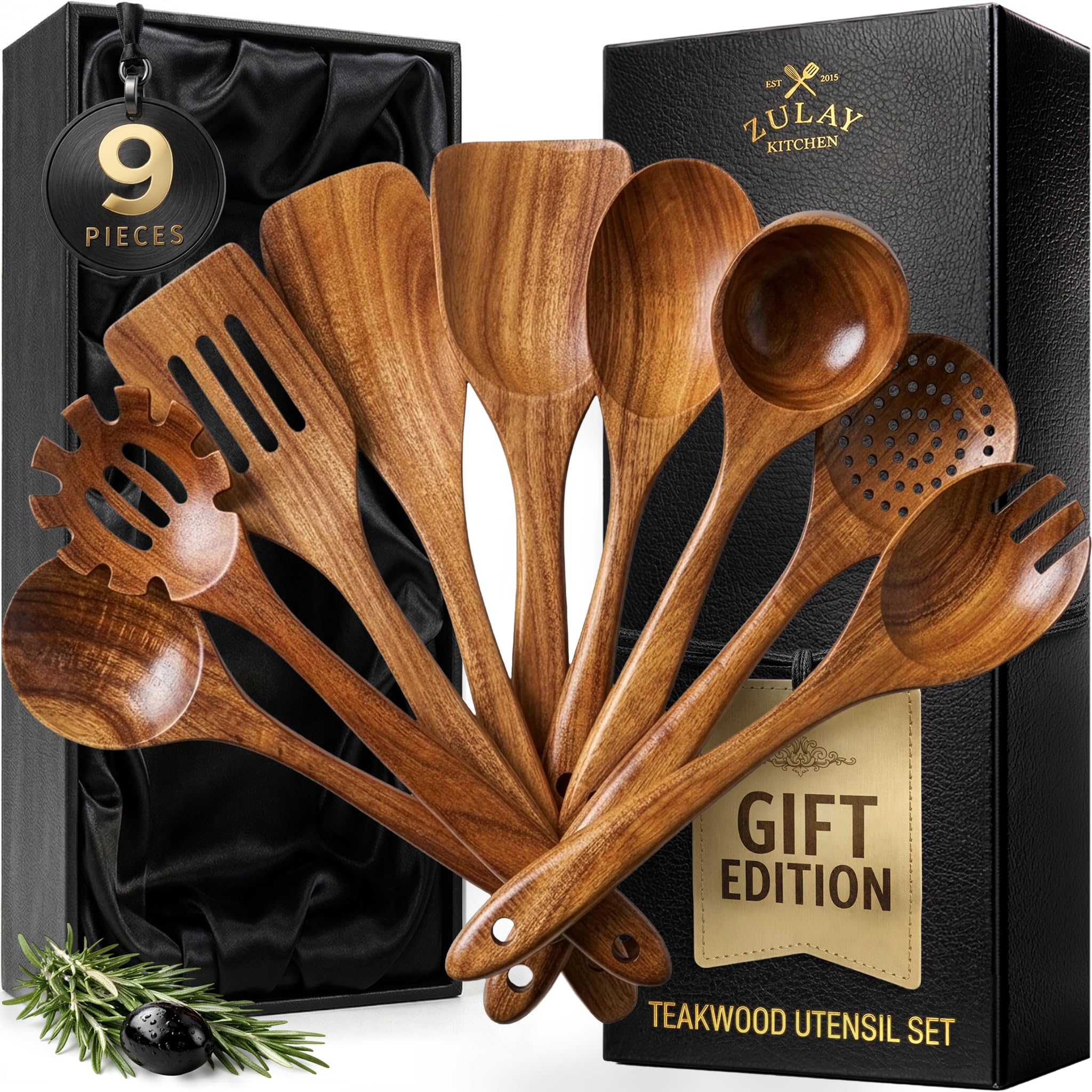 Zulay Kitchen 6 Piece Wooden Spoons for Cooking – Natural Teak Wooden Utensil Set, Easy to Clean, Durable, Smooth with Comfort Grip - Non Toxic Wooden Cooking Utensil Sets