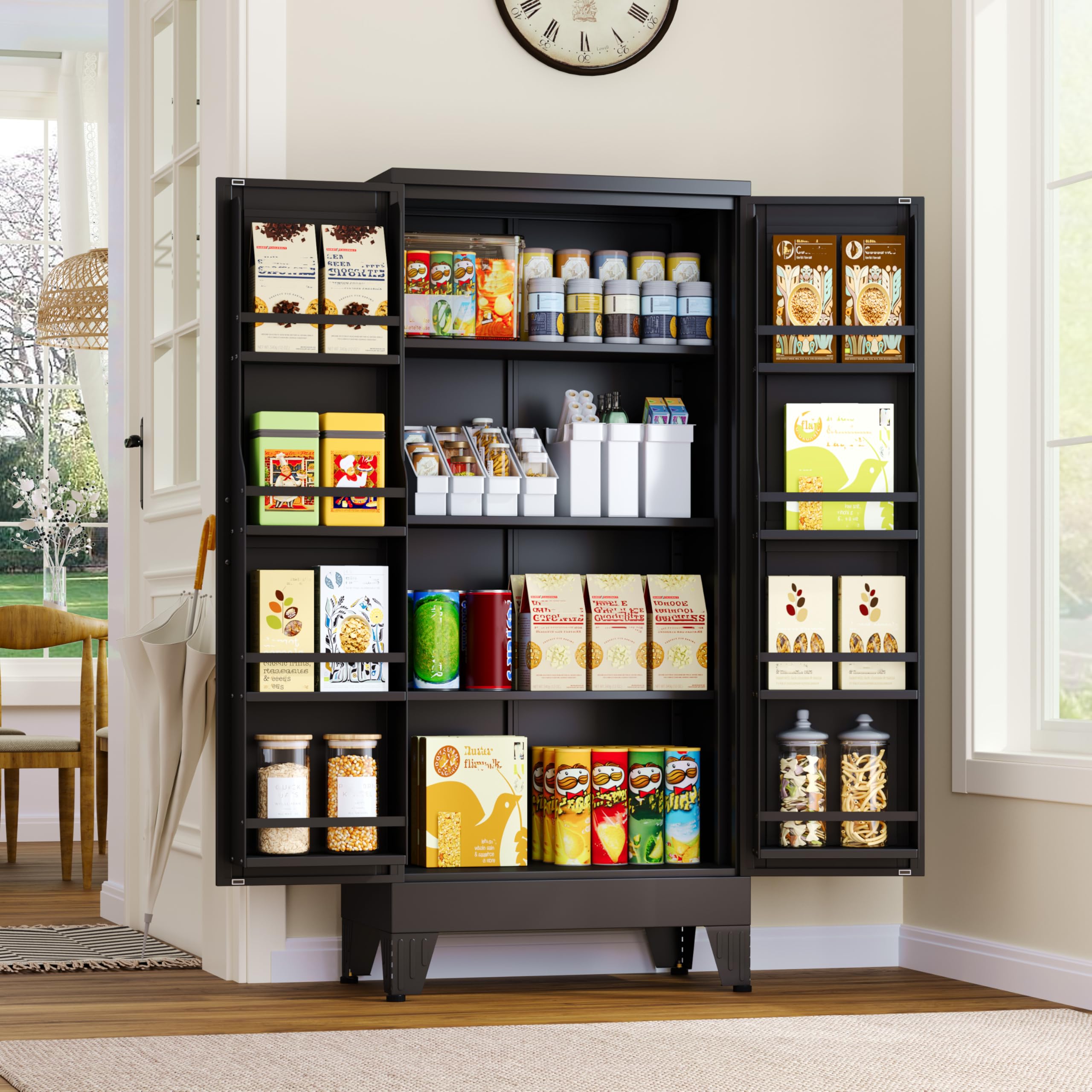 GAIOUS Metal Pantry Cabinet, Kitchen Pantry Storage Cabinets with 2 Door and 3 Adjustable Shelves, White Kitchen Pantry Cabinet, Freestanding Cupboard for Dining Room Living Room Bathroom