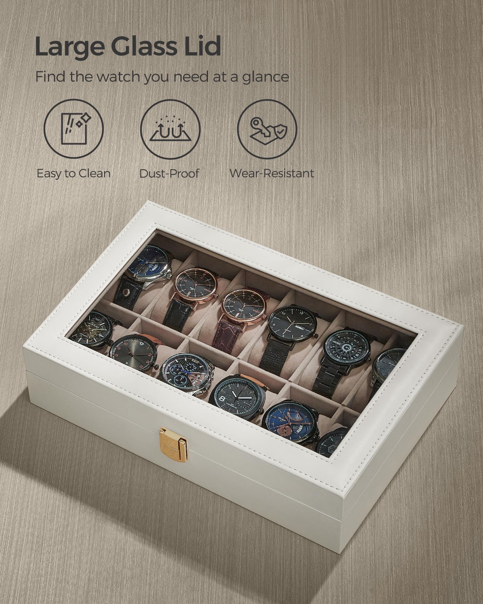 SONGMICS Watch Box, 12-Slot Watch Case Organizer with Large Glass Lid, Removable Pillows, Gift for Loved Ones, Black Synthetic Leather, Gray Lining UJWB12BK
