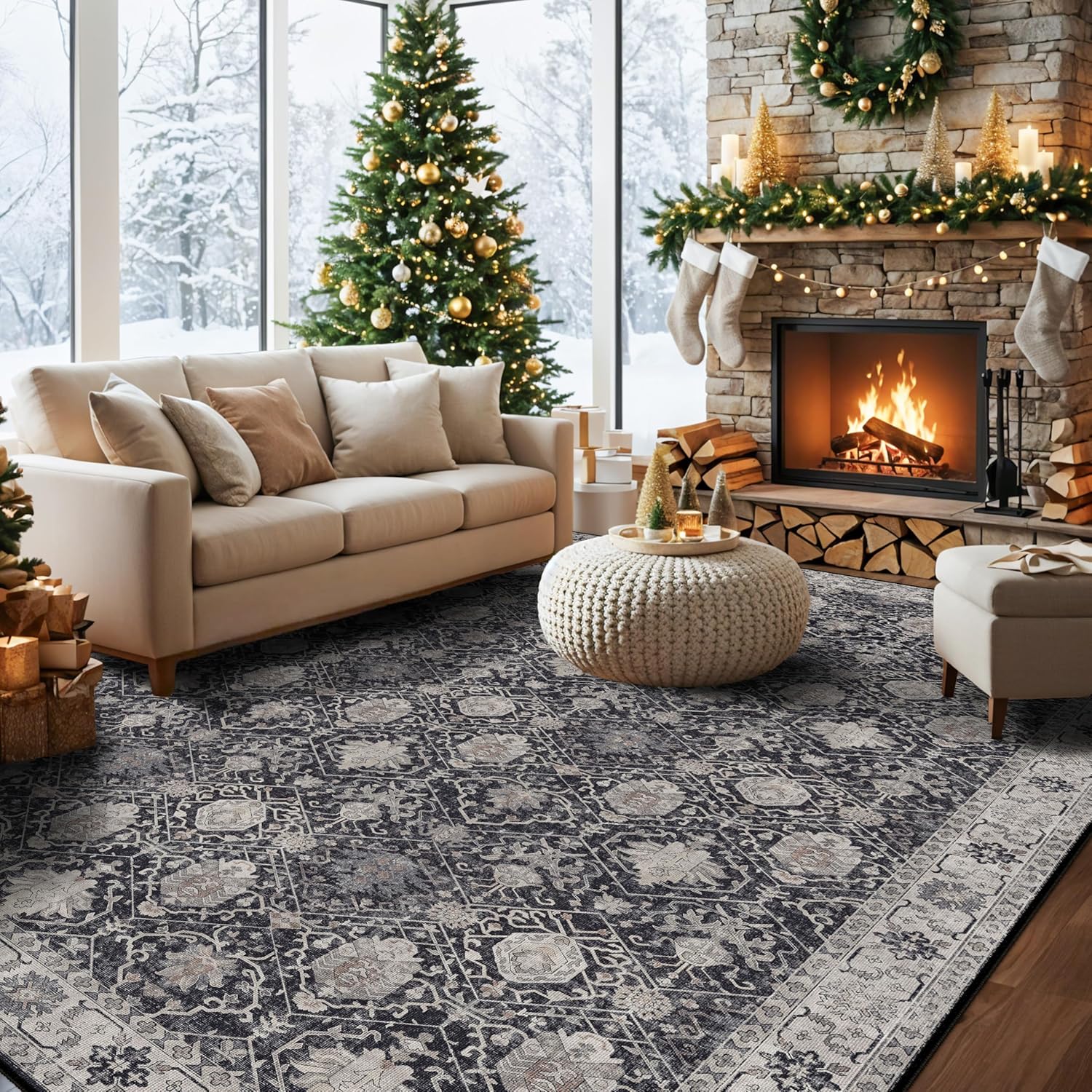 Washable 2x3 Entryway Area Rug - Neutral Kitchen Rug Runner Vintage Soft Floor Mat Non Slip Indoor Farmhouse Carpet for Bathroom Living Room Bedroom (2 X 3, Beige)