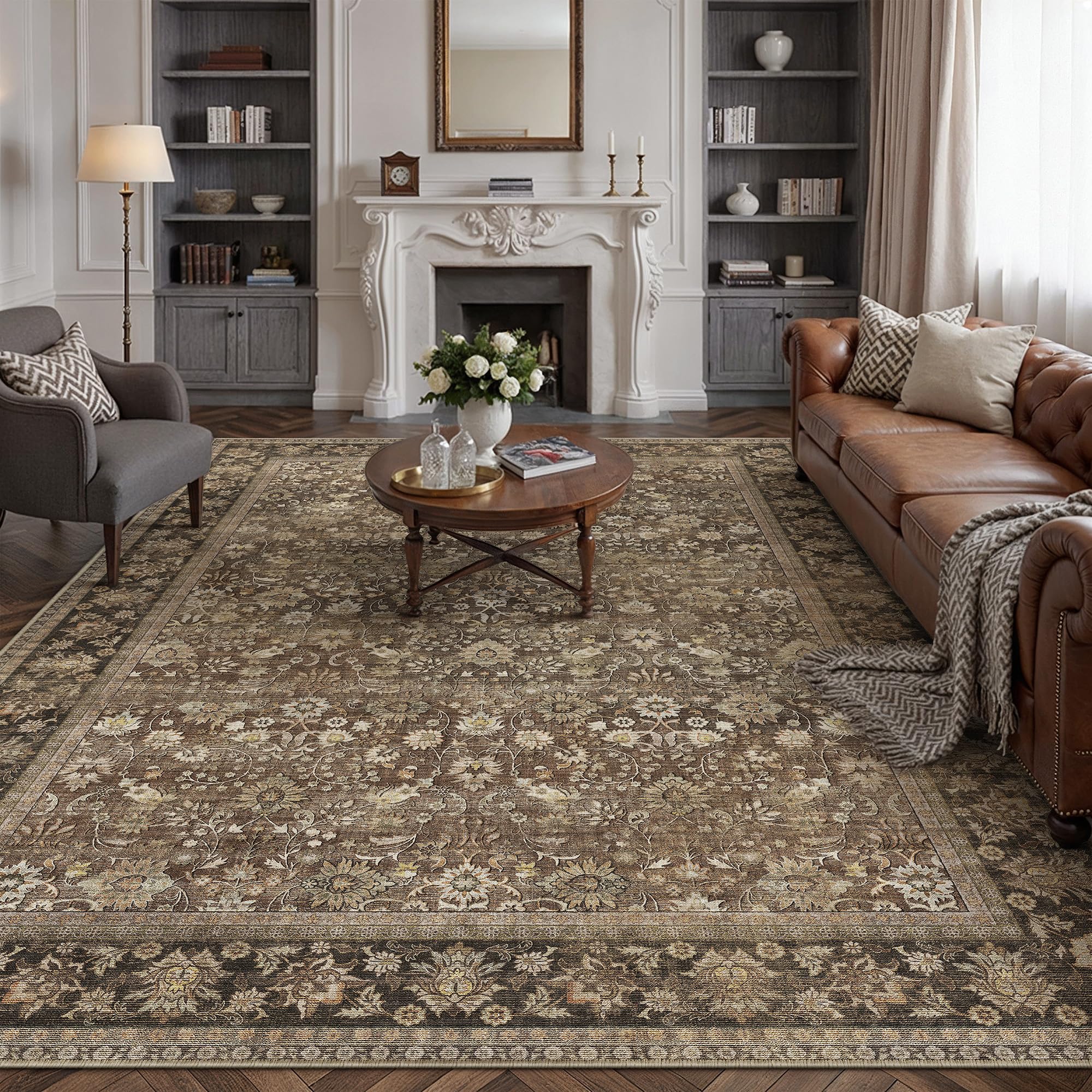 HUGEAR 5x7 Machine Washable Rugs Brown Hallway Area Rug Indoor Accent Rug Floral Low Pile Carpet Soft Throw Aesthetic Rug Bedroom Living Room Office Dining Room Kitchen Laundry Room Non Slip