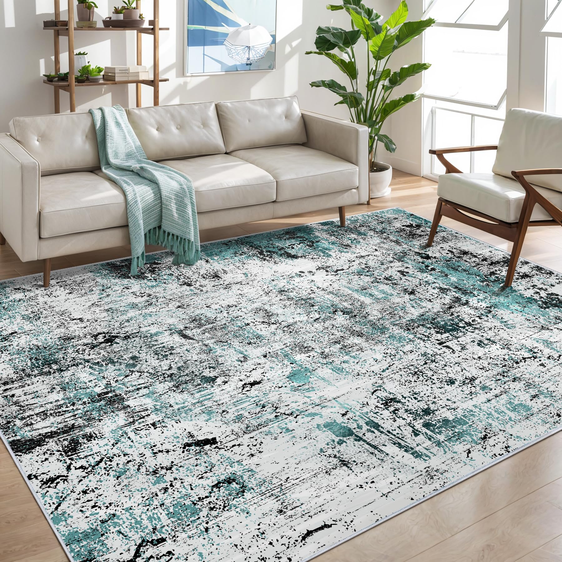 Ciicool Modern Abstract Area Rug 2x3 Washable Small Entryway Rug, Non-Slip Low Pile Throw Rug, Foldable Kitchen Bathroom Rugs, Blue Grey Floor Carpet for Entrance Living Room Bedroom Indoor Doormat