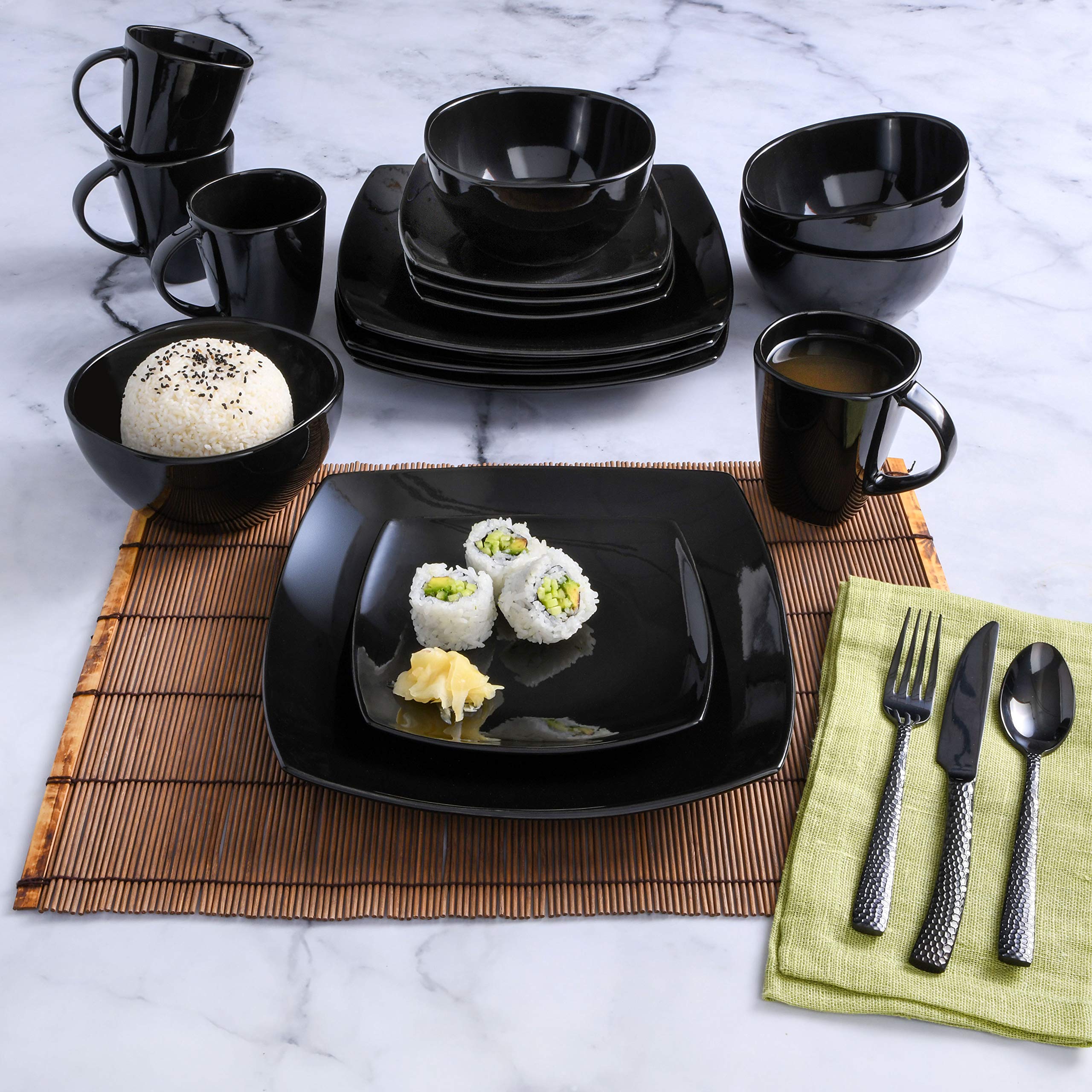 Gibson Elite Soho Lounge Square 16-Piece Dinnerware Set, Service for 4, Reactive Glaze Stoneware Plates and Bowls, Modern Dishes, Microwave & Dishwasher Safe – Red and Black