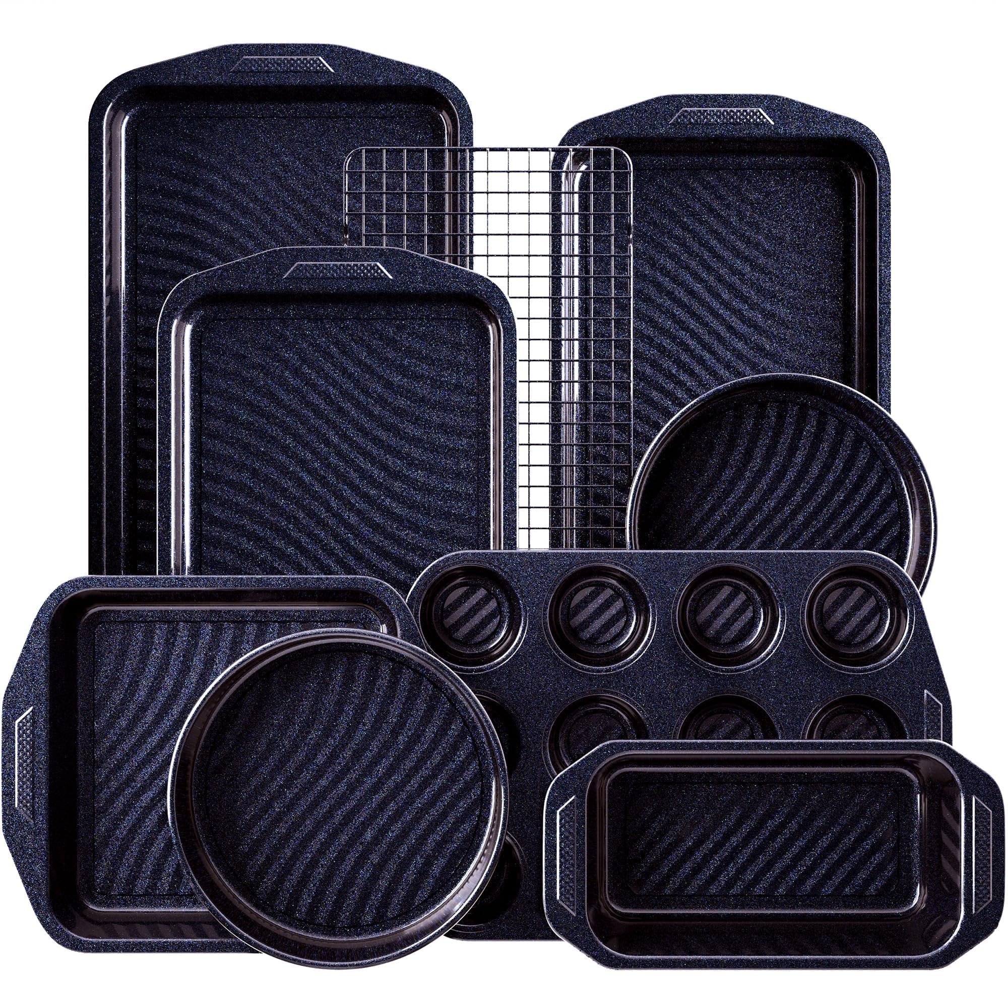HONGBAKE 9-Piece Non Stick Baking Pans Set with Wave Texture for Reduced Oil, 0.8mm Thick Non Toxic Bakeware Sets, Includes Stackable Cookie Sheets for Oven Cooking, Cake Pan, Muffin Pan, Gold