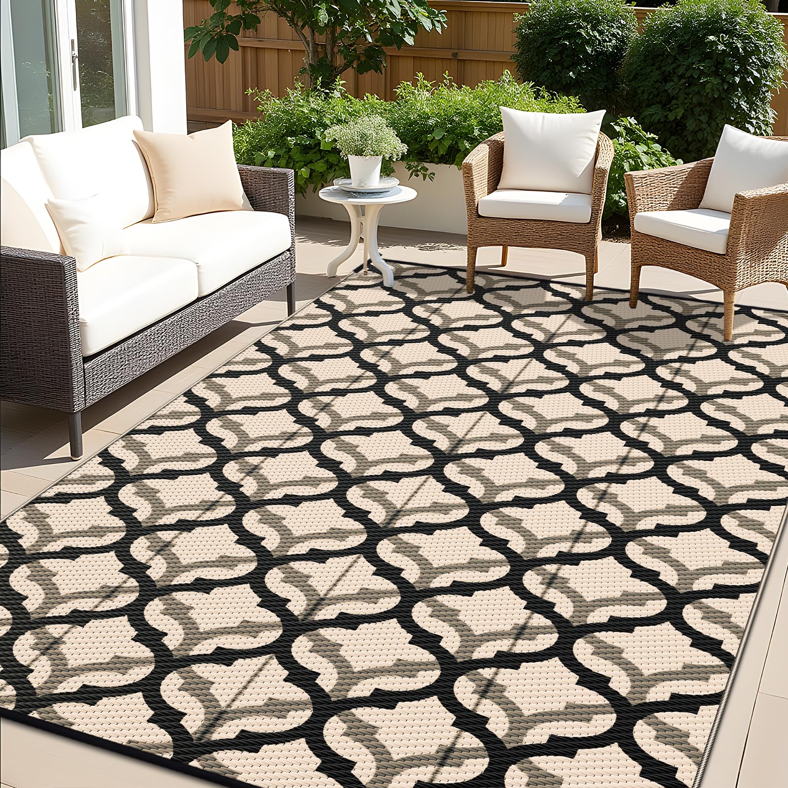 OLANLY Waterproof Outdoor Rug 5x8 ft, Outdoor Plastic Straw Rug for Camping, RV Mat Outside, Indoor Outdoor Carpet for Porch, Deck, Backyard, Balcony, Picnic, Black & White