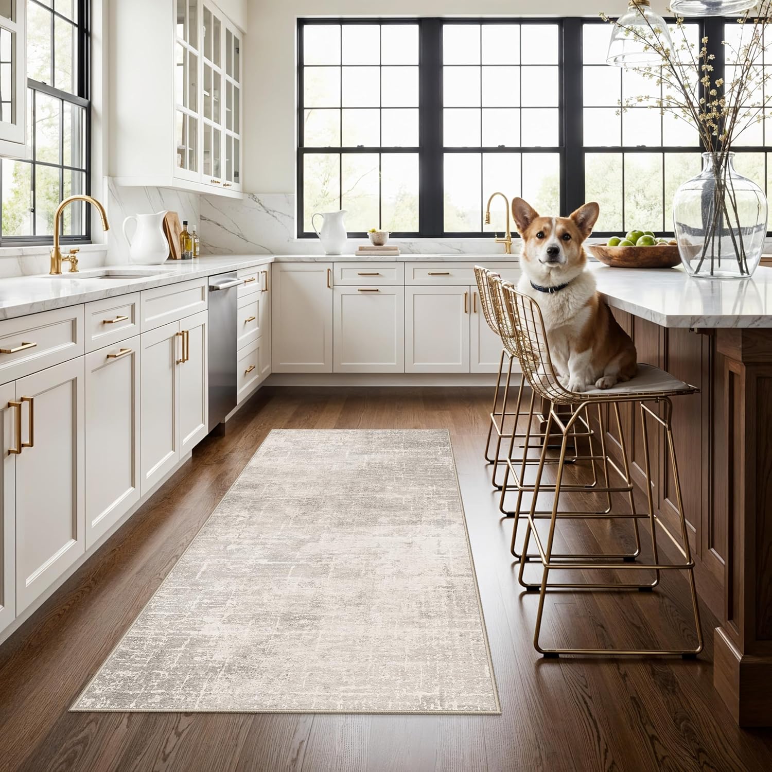 Washable 2x3 Entryway Area Rug - Neutral Kitchen Rug Runner Vintage Soft Floor Mat Non Slip Indoor Farmhouse Carpet for Bathroom Living Room Bedroom (2 X 3, Beige)
