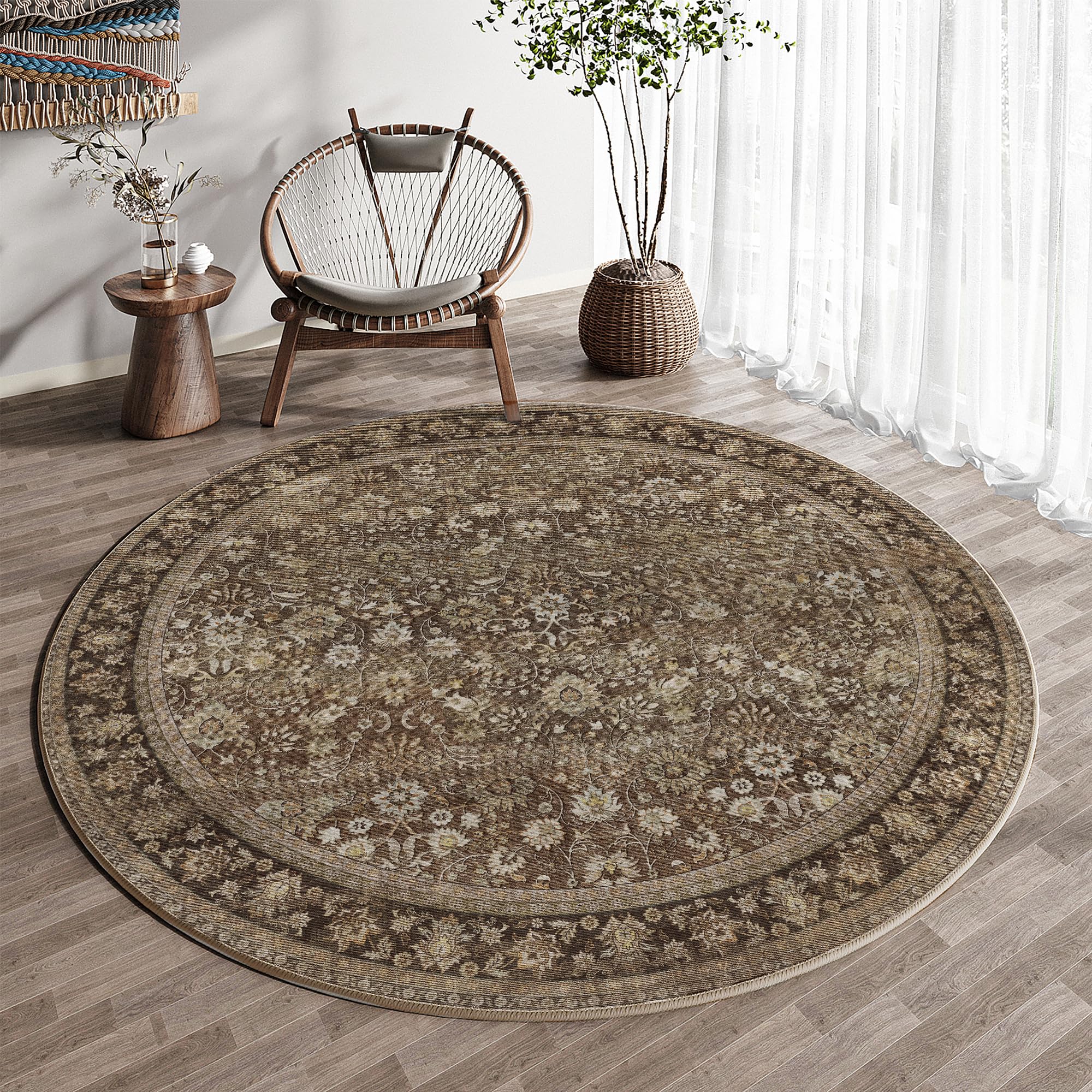 HUGEAR 5x7 Machine Washable Rugs Brown Hallway Area Rug Indoor Accent Rug Floral Low Pile Carpet Soft Throw Aesthetic Rug Bedroom Living Room Office Dining Room Kitchen Laundry Room Non Slip