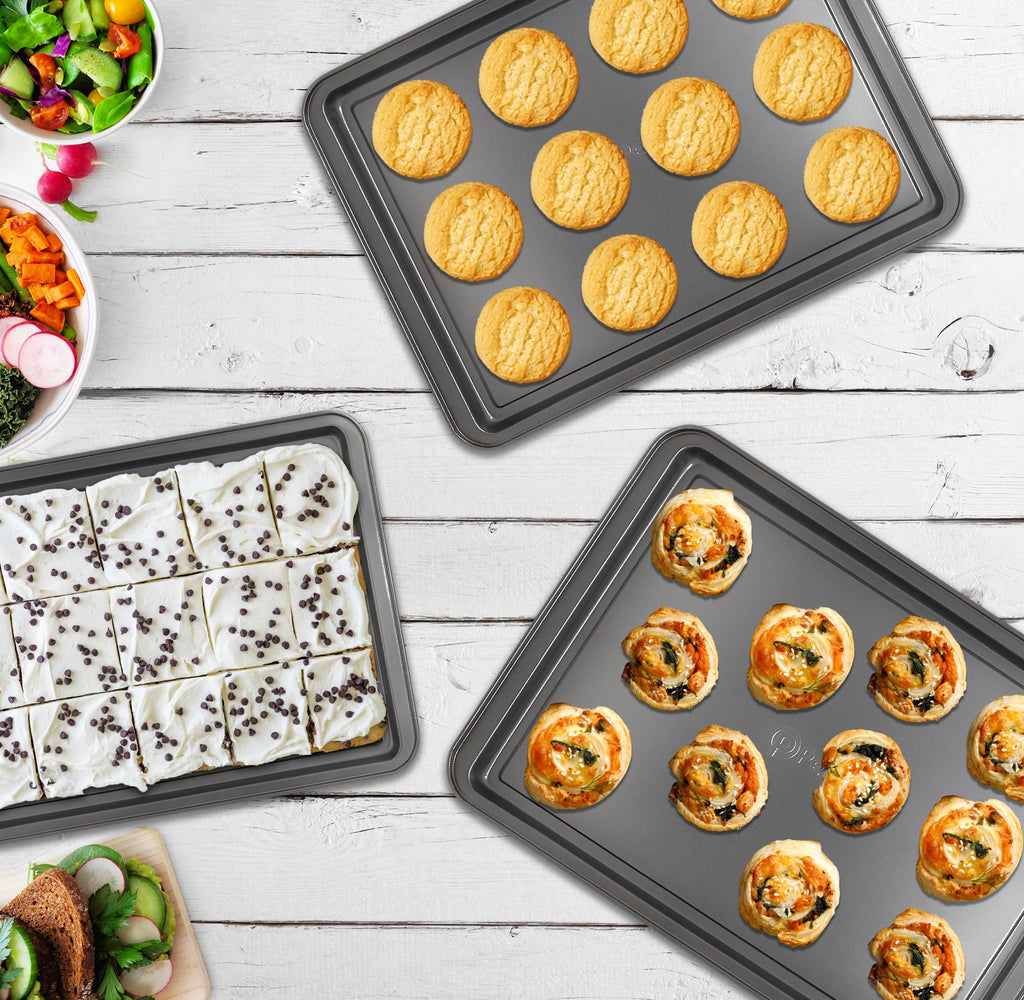 PERLLI Non-Stick 10-Piece Bakeware Set – Carbon Steel with Even Heat Distribution, Oven Safe to 446°F, BPA-Free, Dishwasher Safe, Stackable Baking Tools for Easy Storage and Everyday Cooking - Gray