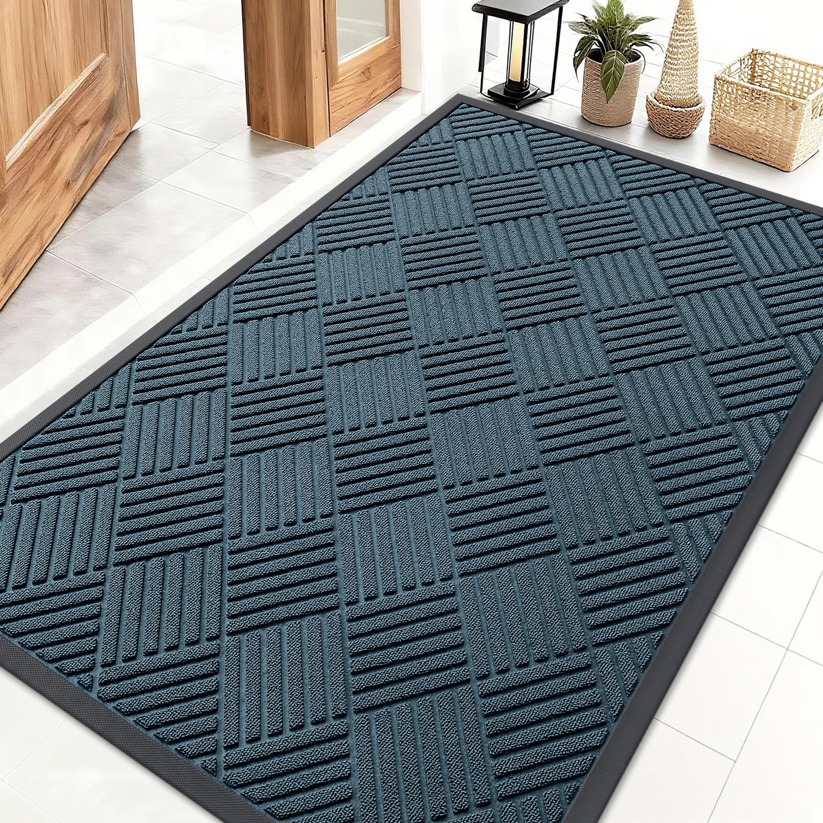 OLANLY Front Door Mat Outside Entrance 29.5x17, Absorbent, Heavy Duty Sturdy Natural Rubber Doormat Indoor Outdoor, Stain and Fade Resistant, Non-Slip Low Profile Floor Mat for Entryway, Grey Diamond