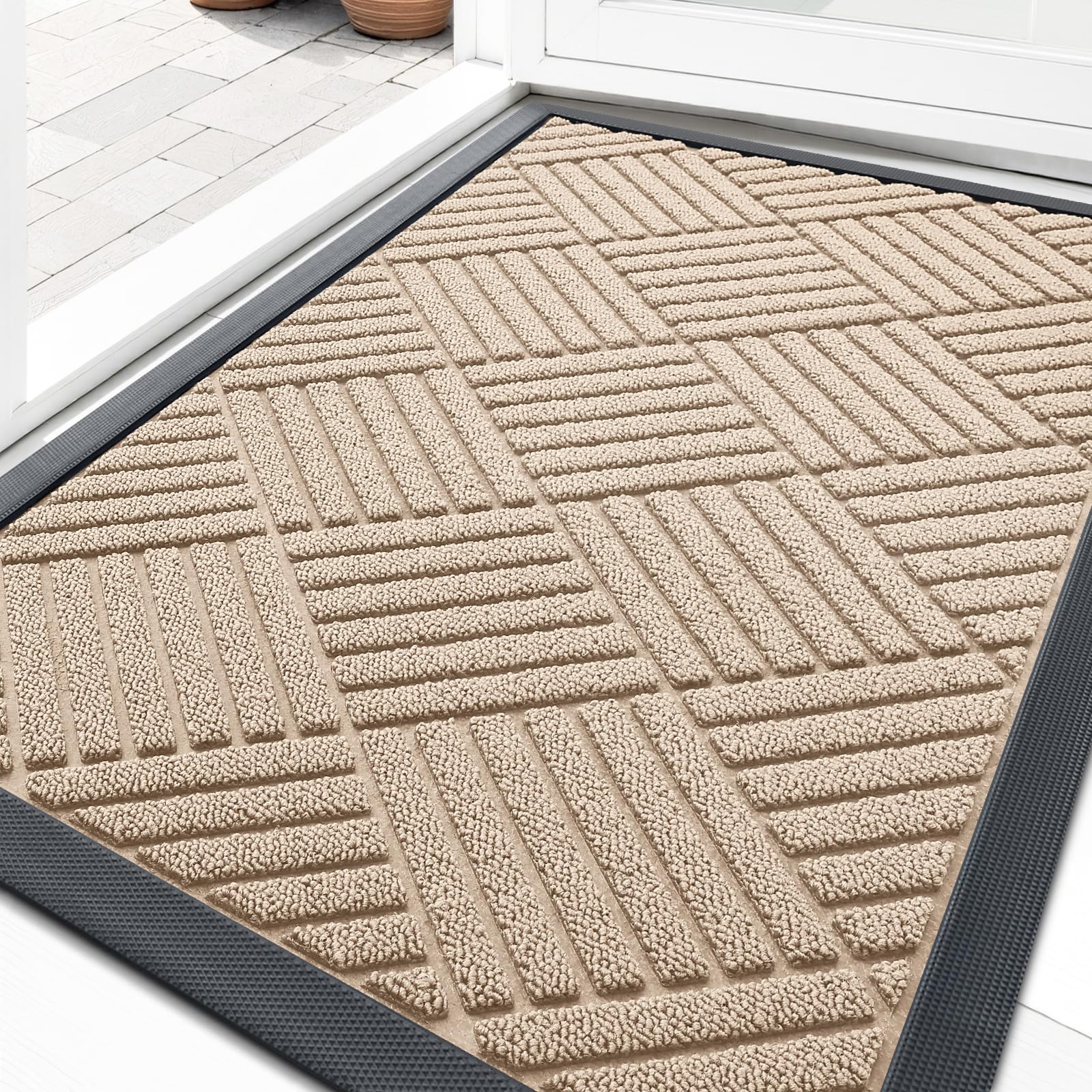 OLANLY Front Door Mat Outside Entrance 29.5x17, Absorbent, Heavy Duty Sturdy Natural Rubber Doormat Indoor Outdoor, Stain and Fade Resistant, Non-Slip Low Profile Floor Mat for Entryway, Grey Diamond