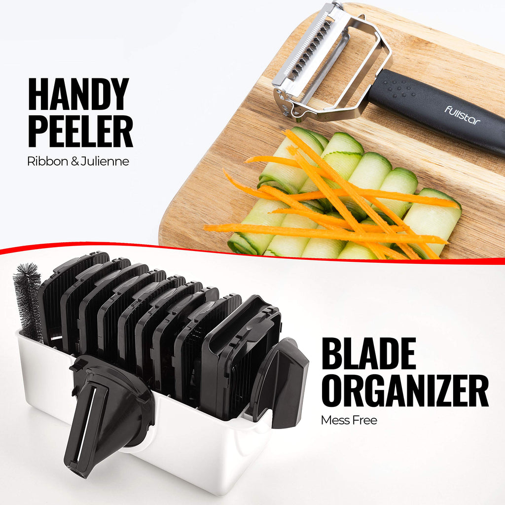 Fullstar Mandoline Slicer for Kitchen, Fruit Cutter, Cheese Grater, Cucumber Slicer, Veggie Spiralizer, Food Cutter & Kitchen Gadgets & Gifts with Safety Glove (6 in 1, White)