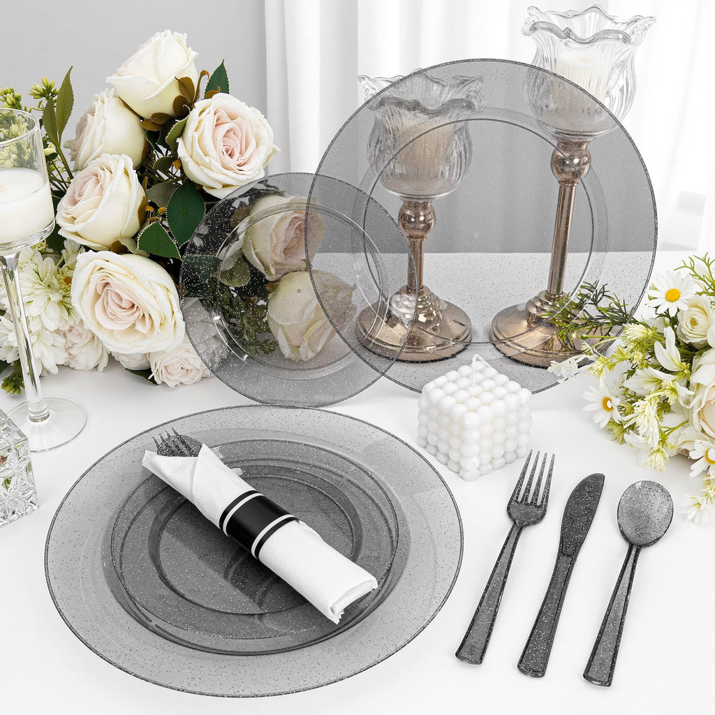 DaYammi 350PCS Gold Plastic Dinnerware Set for 50 Guests, Fancy Disposable Plates for Party, Include: 50 Dinner Plates, 50 Dessert Plates, 50 Pre Rolled Napkins with Gold Silverware, 50 Cups