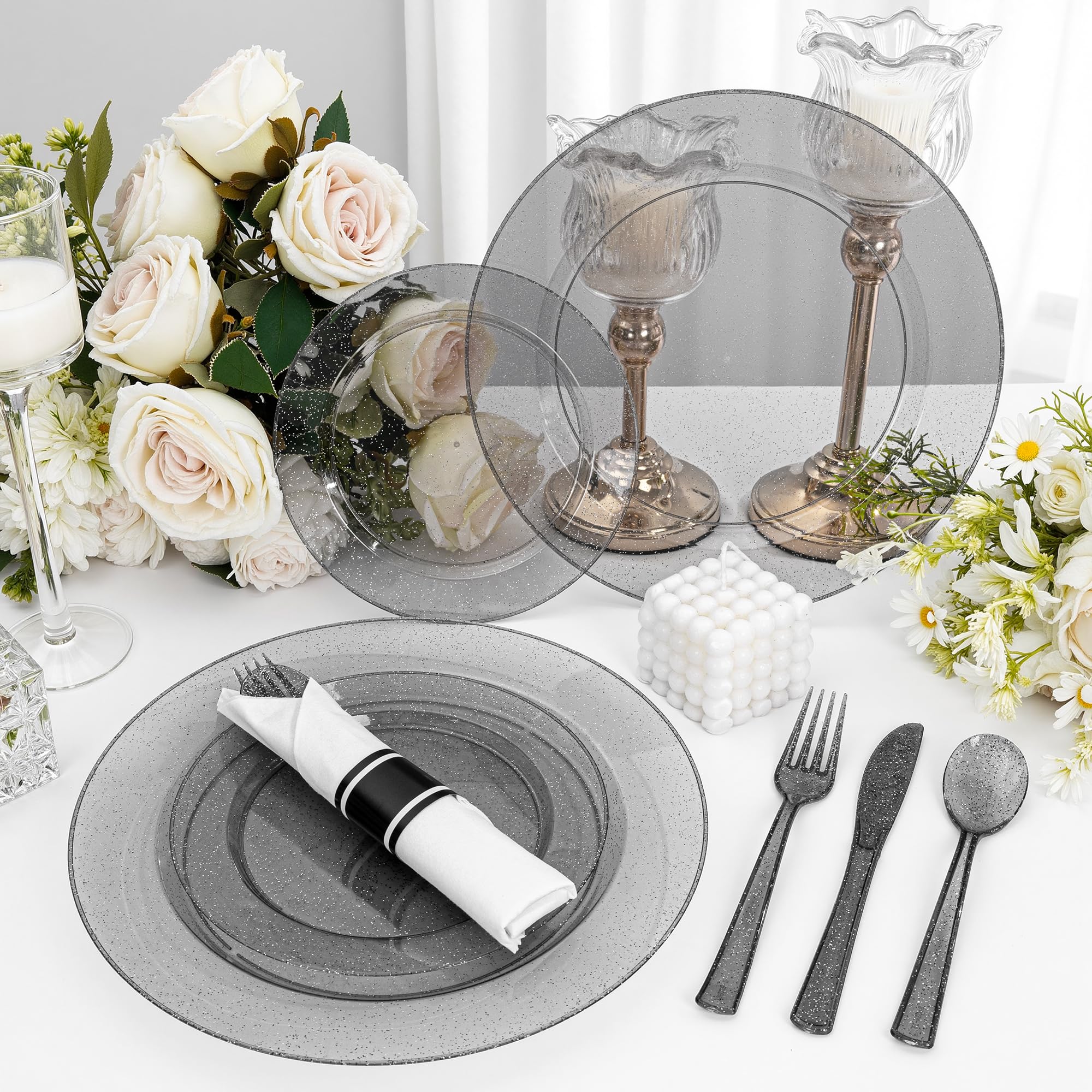 DaYammi 350PCS Gold Plastic Dinnerware Set for 50 Guests, Fancy Disposable Plates for Party, Include: 50 Dinner Plates, 50 Dessert Plates, 50 Pre Rolled Napkins with Gold Silverware, 50 Cups