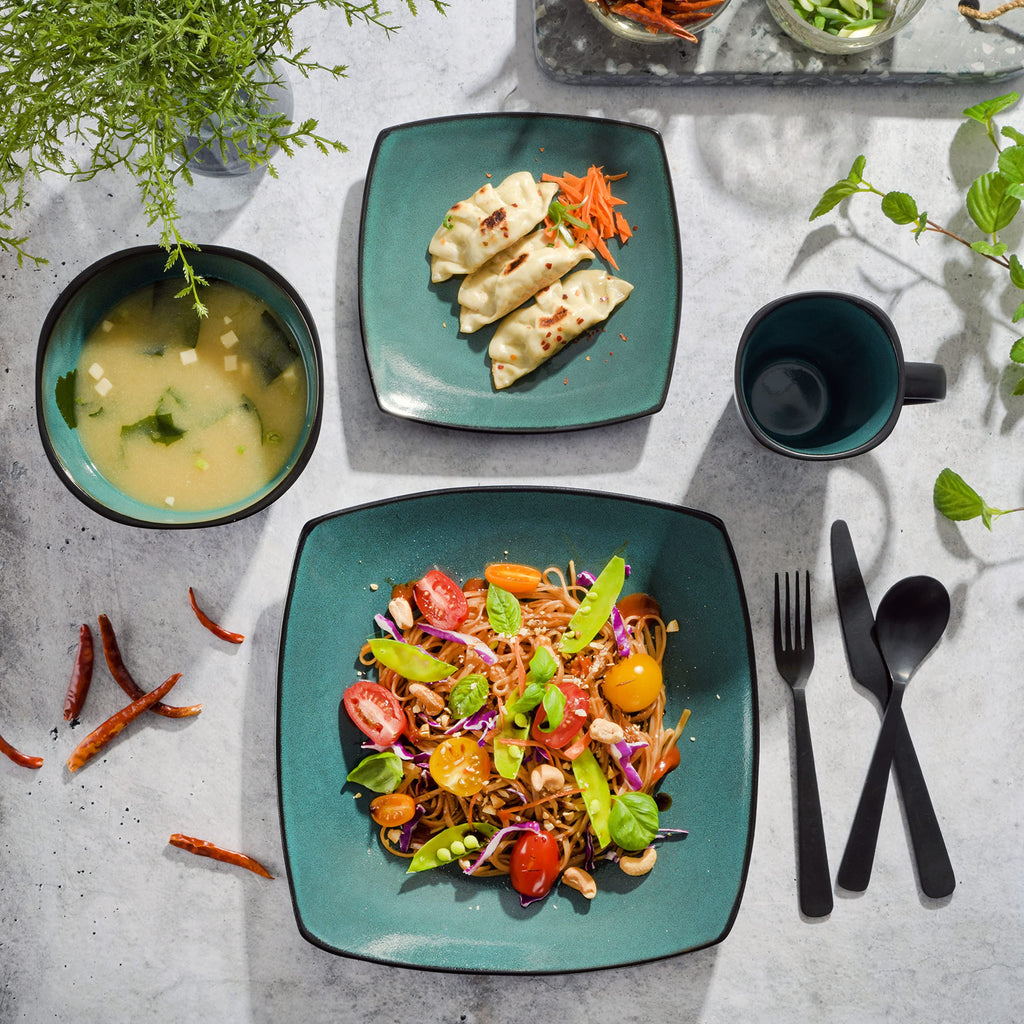 Gibson Elite Soho Lounge Square 16-Piece Dinnerware Set, Service for 4, Reactive Glaze Stoneware Plates and Bowls, Modern Dishes, Microwave & Dishwasher Safe – Red and Black