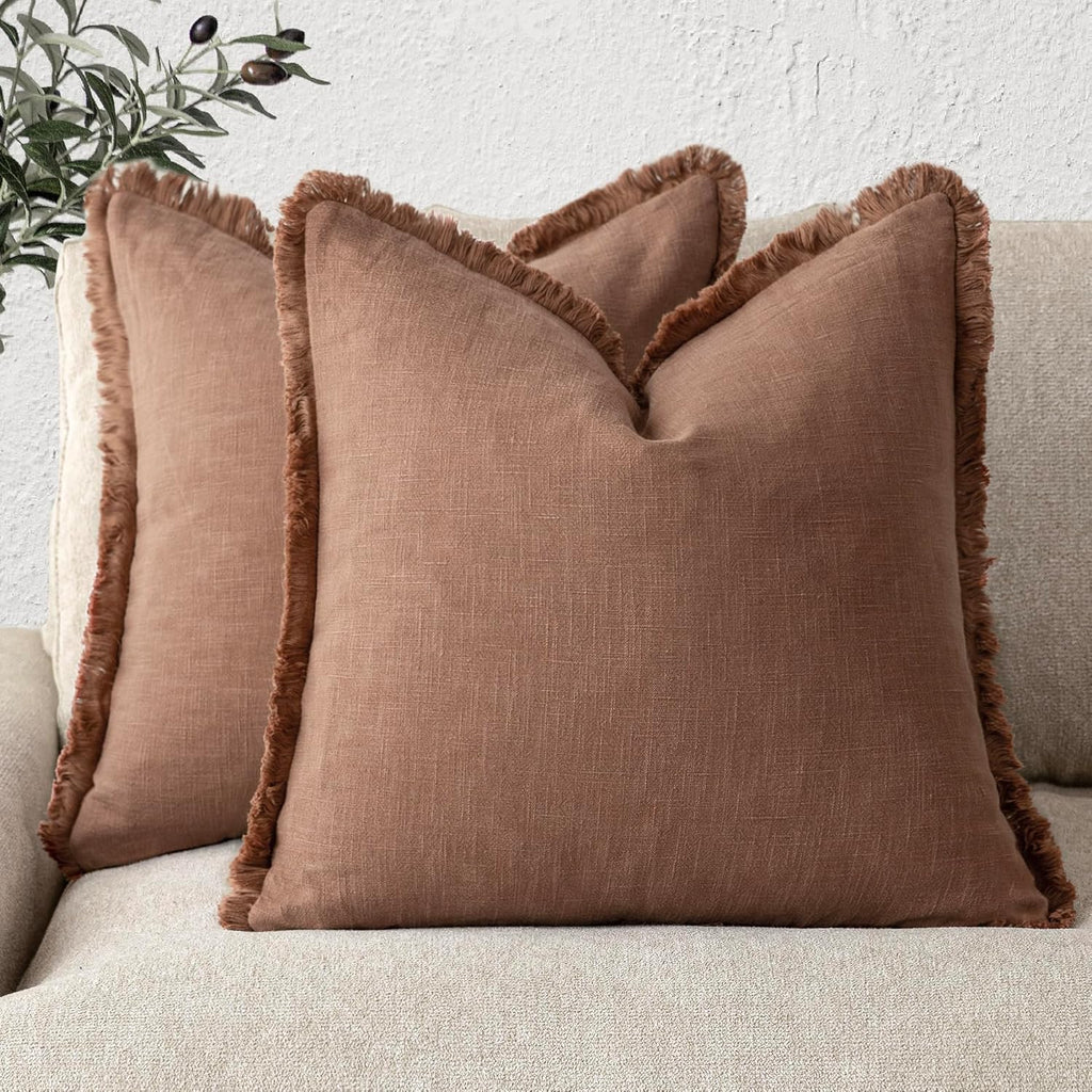 Foindtower Set of 2 Decorative Linen Fringe Throw Pillow Covers Cozy Boho Farmhouse Cushion Cover with Tassels Soft Accent Pillowcase for Couch Sofa Bed Living Room Home Decor,18×18 Inch,Navy Blue
