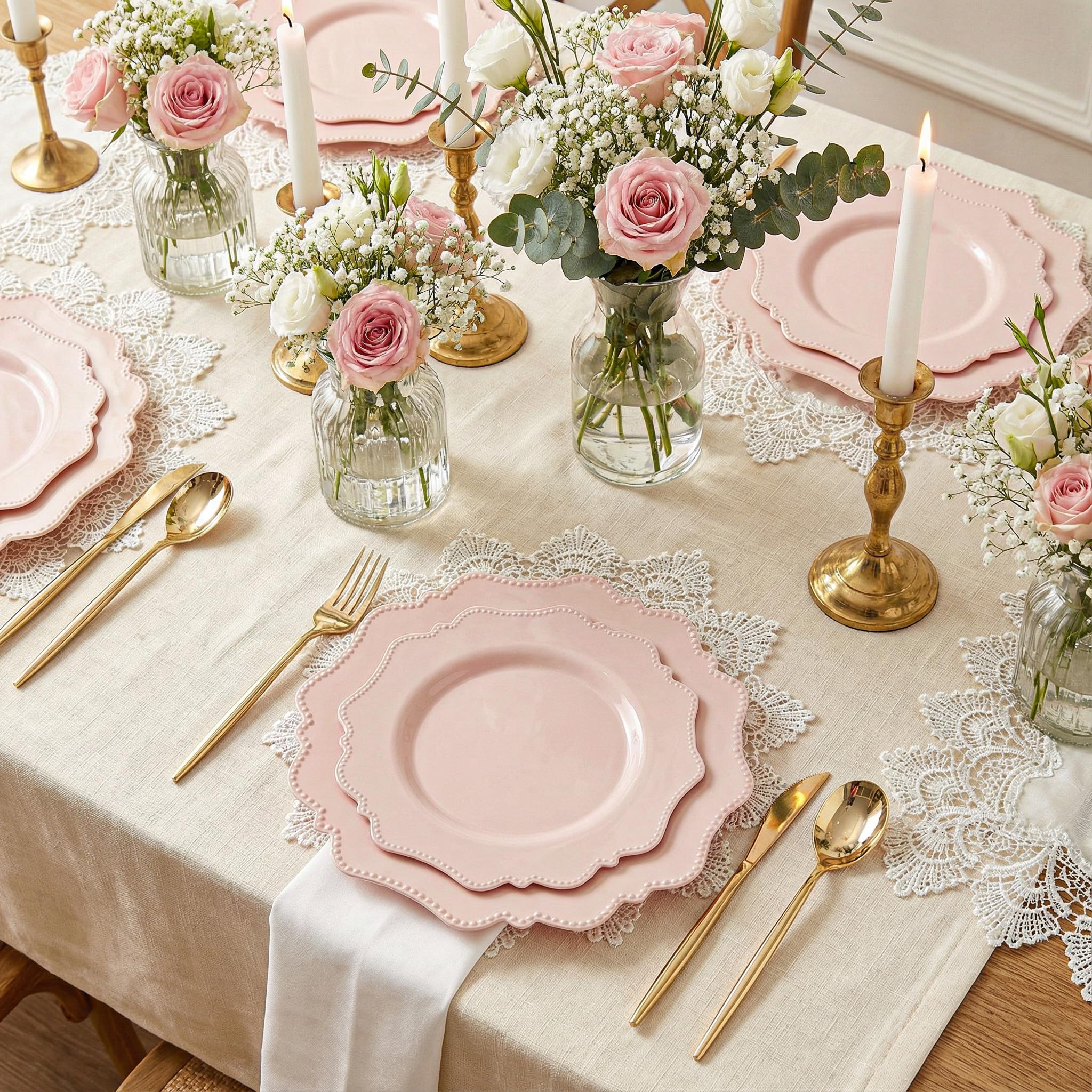 COLOSUS 60PCS White Plastic Plates for 30 guests-Fancy Plastic Beaded Plates,Plastic Plates for Party, Elegant White plates,Include 30 PCS 10.5" Dinner plates & 30PCS 8.25" Dessert plates for easter