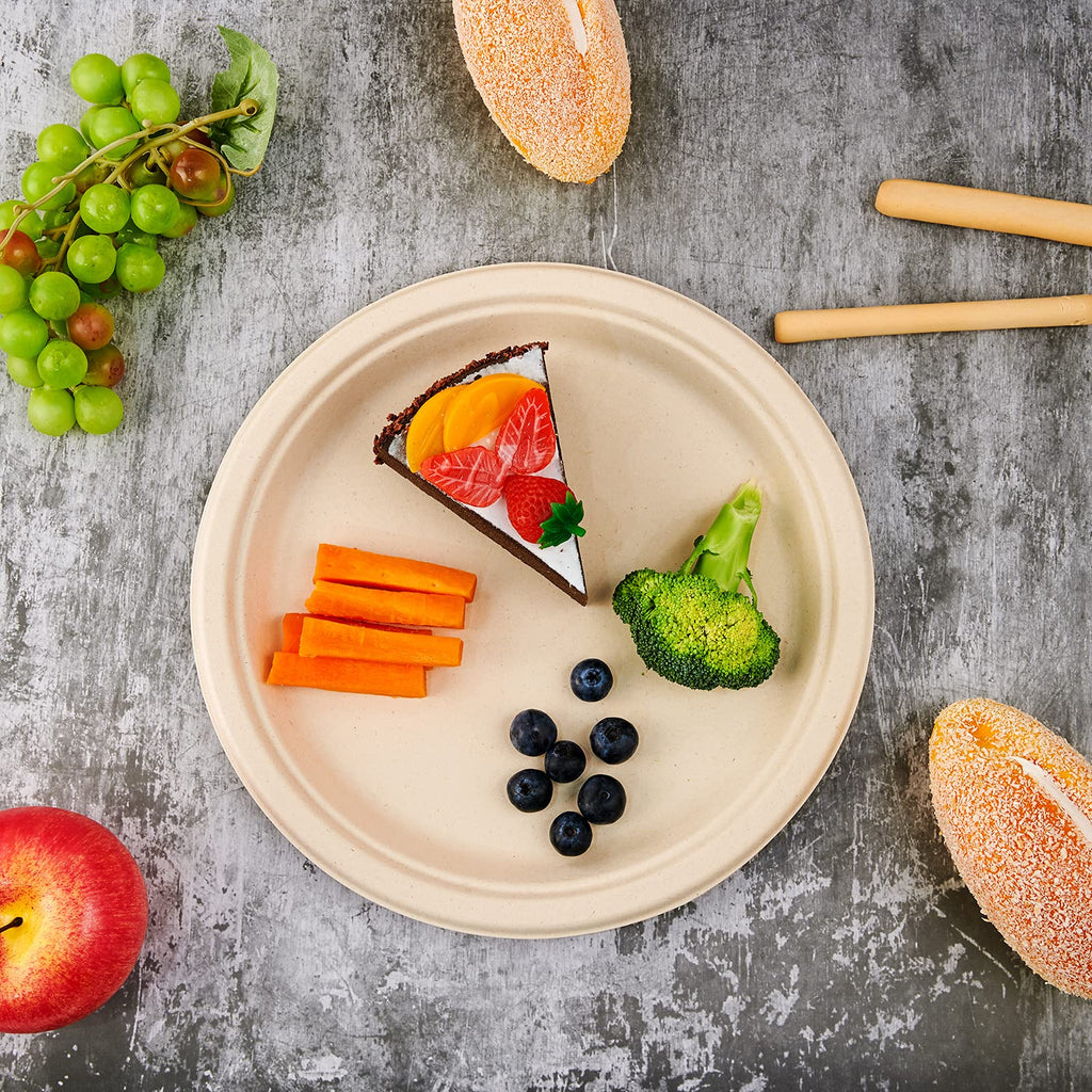 Vplus 150 Pack Compostable Disposable Paper Plates 10.25 inch Super Strong Paper Plates 100% Bagasse Natural Biodegradable Eco-Friendly Sugarcane(white)
