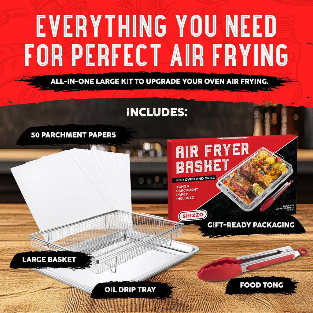 Air Fryer Basket for Oven(Set of 2) – Stainless Steel Air Fryer Tray and Pan Set with 50 Parchment Papers & Food Tongs – Oven Air Fryer Basket and Tray for Baking, Grilling, Crisping