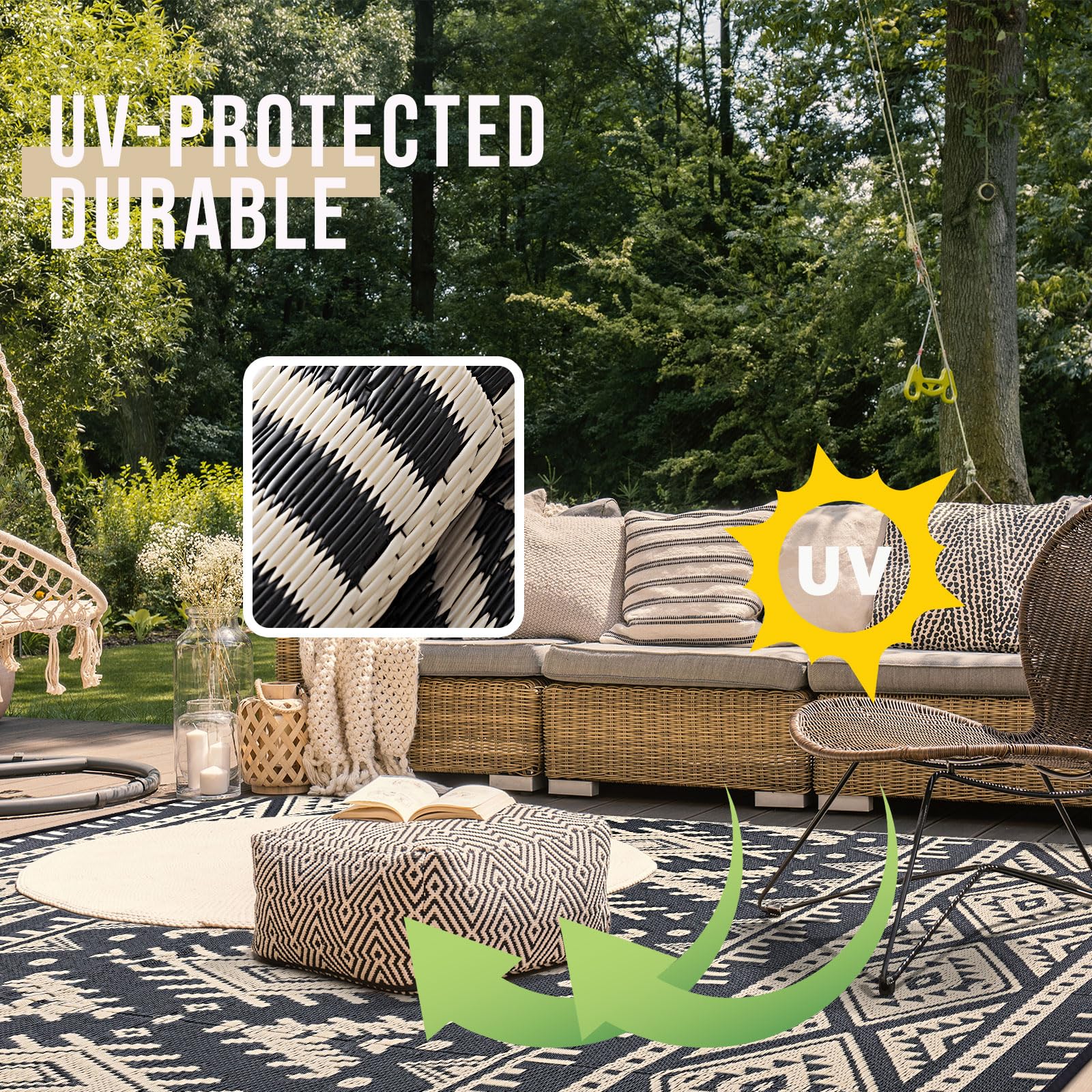 OLANLY Outdoor Rug Waterproof 5x8 ft, Reversible Outdoor Plastic Straw Rug, Boho Patio Rug, Indoor Outdoor Carpet, RV Mat Outside for Patio, Camp, Picnic, Balcony, Deck, Backyard, Black & White