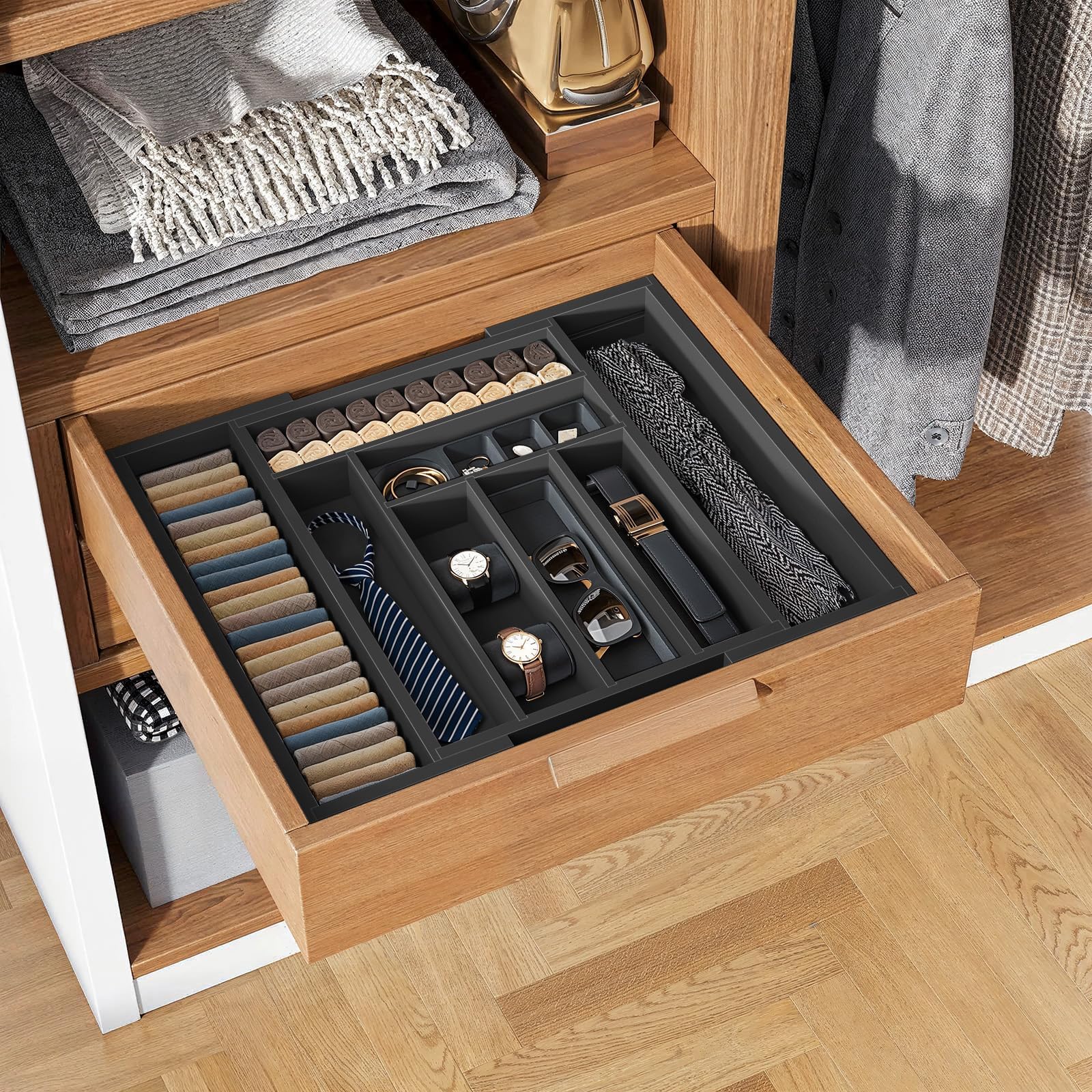 Pipishell Bamboo Expandable Silverware Drawer Organizer, Adjustable Kitchen Utensil Tray for Forks, Spoons and Knives, Wood Storage Cutlery Holder for Bedroom and Living Room