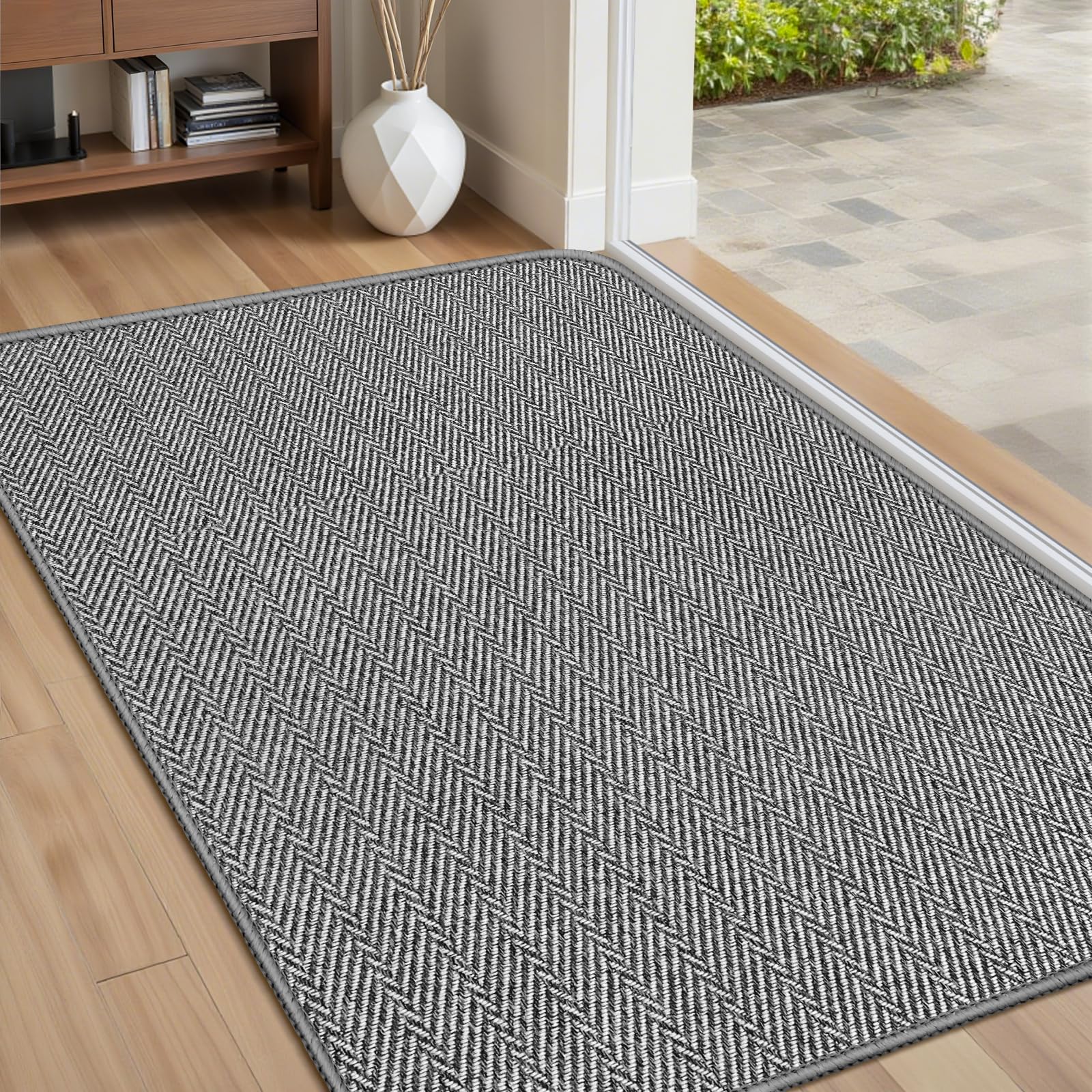 Ultra Thin Door Mat Indoor Entrance 17"x29", Low-Profile Indoor Door Mat, Non Slip Entry Mat Rubber Backing Unique Herringbone Design Inside Doormat Dirt Trapper Entryway Mats, Beige