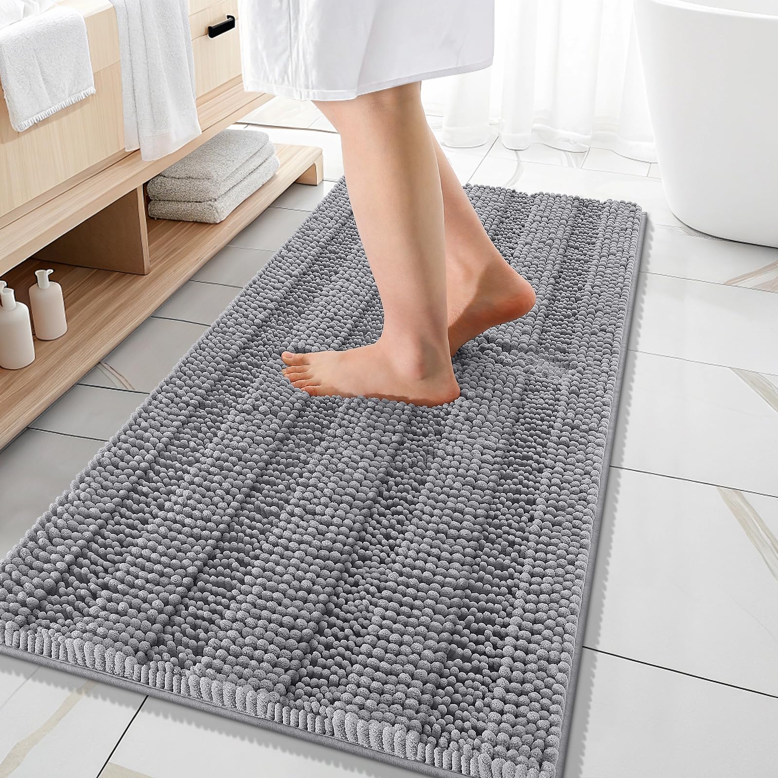 OLANLY Thick Bathroom Rugs 30x20, Extra Soft Absorbent Chenille Striped Bath Rugs, Rubber Backing, Machine Wash Dry, Bath Mats for Bathroom Floor, Tub and Shower, Home Decor Accessories, Grey