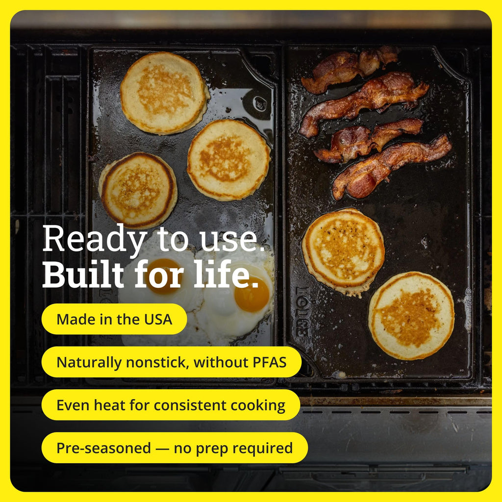 Lodge Double Play Reversible Cast Iron Grill/Griddle - Dual-Sided with Double Burner Configuration for Eggs, Pancakes, Burgers & More - Seasoned, Non-Toxic Cookware - Heavy-Duty Grill Pan - Black