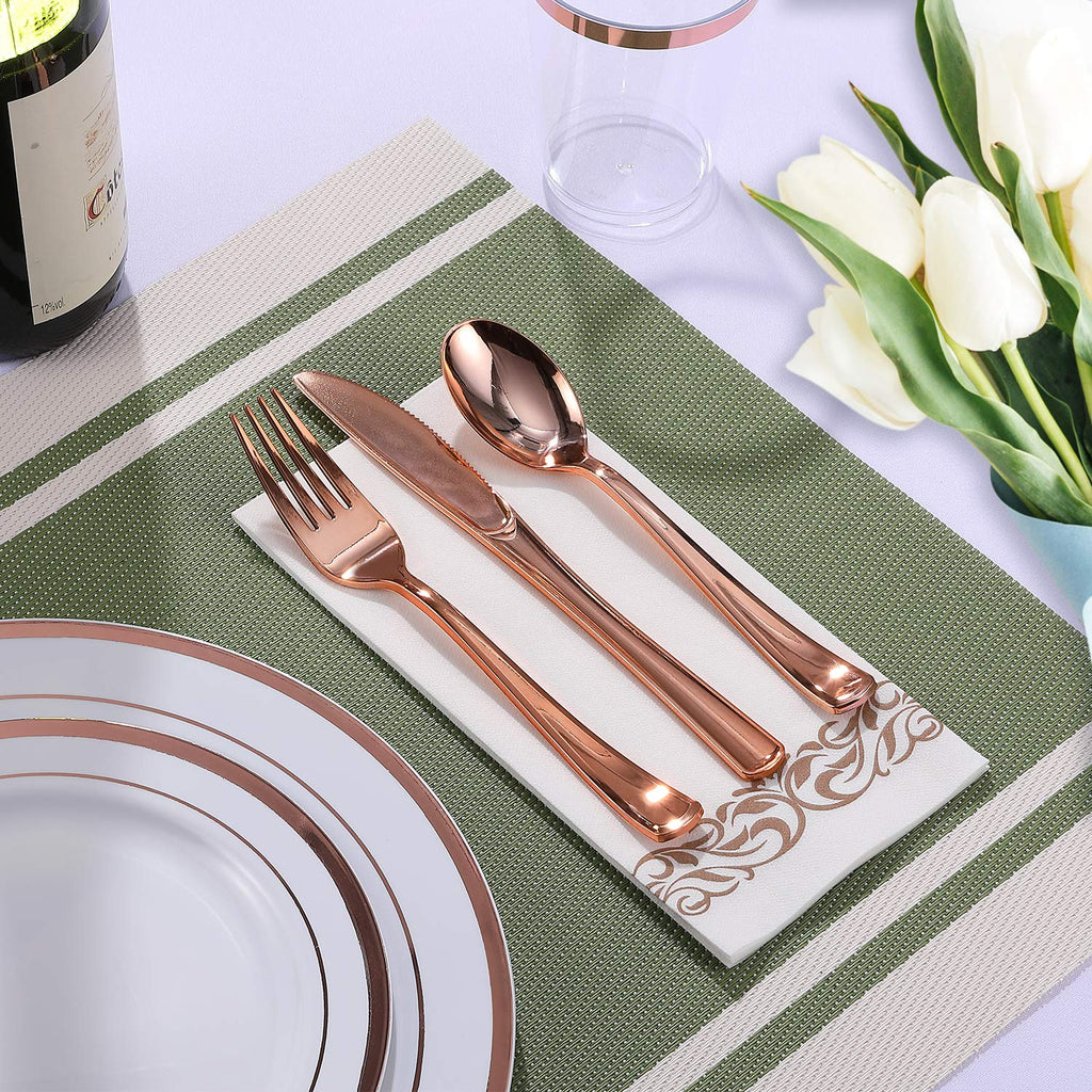 FOCUSLINE 350 Ct Disposable Dinnerware Set for 50 Guests -Heavy Duty Plastic Plates with Gold Rim, Includes 50 Dinner & Salad Plates, Cups, Napkins, Cutlery Set