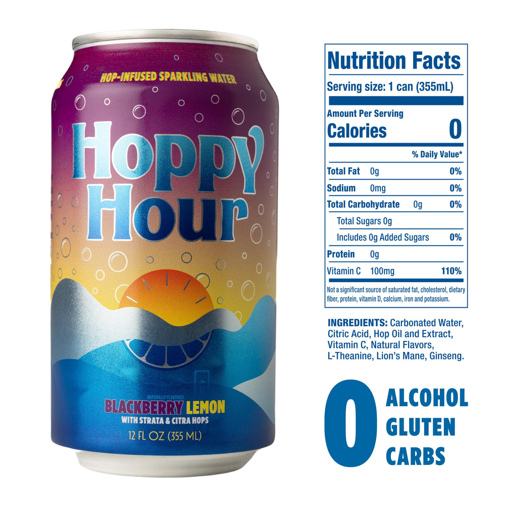 Hoppy Hour Sparkling Hop Water, Non-Alcoholic and Adaptogens Drink, Zero Sugar and Calories, Refreshing Original Citrus Flavor, 12 oz Cans (12-Pack)