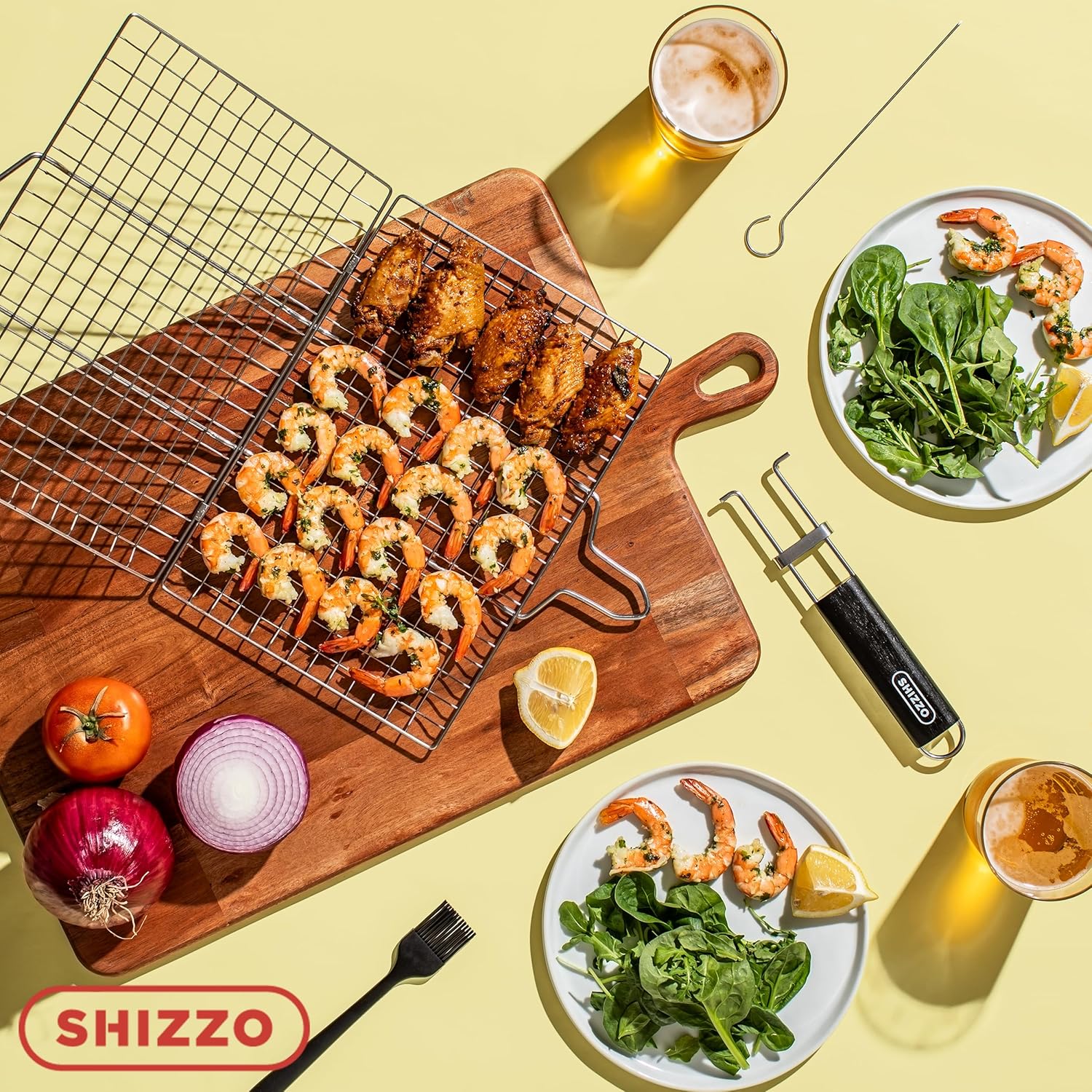 SHIZZO Shallow Grill Basket Set, Grilling Accessories Barbecue BBQ, Stainless Steel Folding Portable Outdoor Camping Rack for Fish, Shrimp, Vegetables, Cooking Accessories, Gift for Family, Freinds