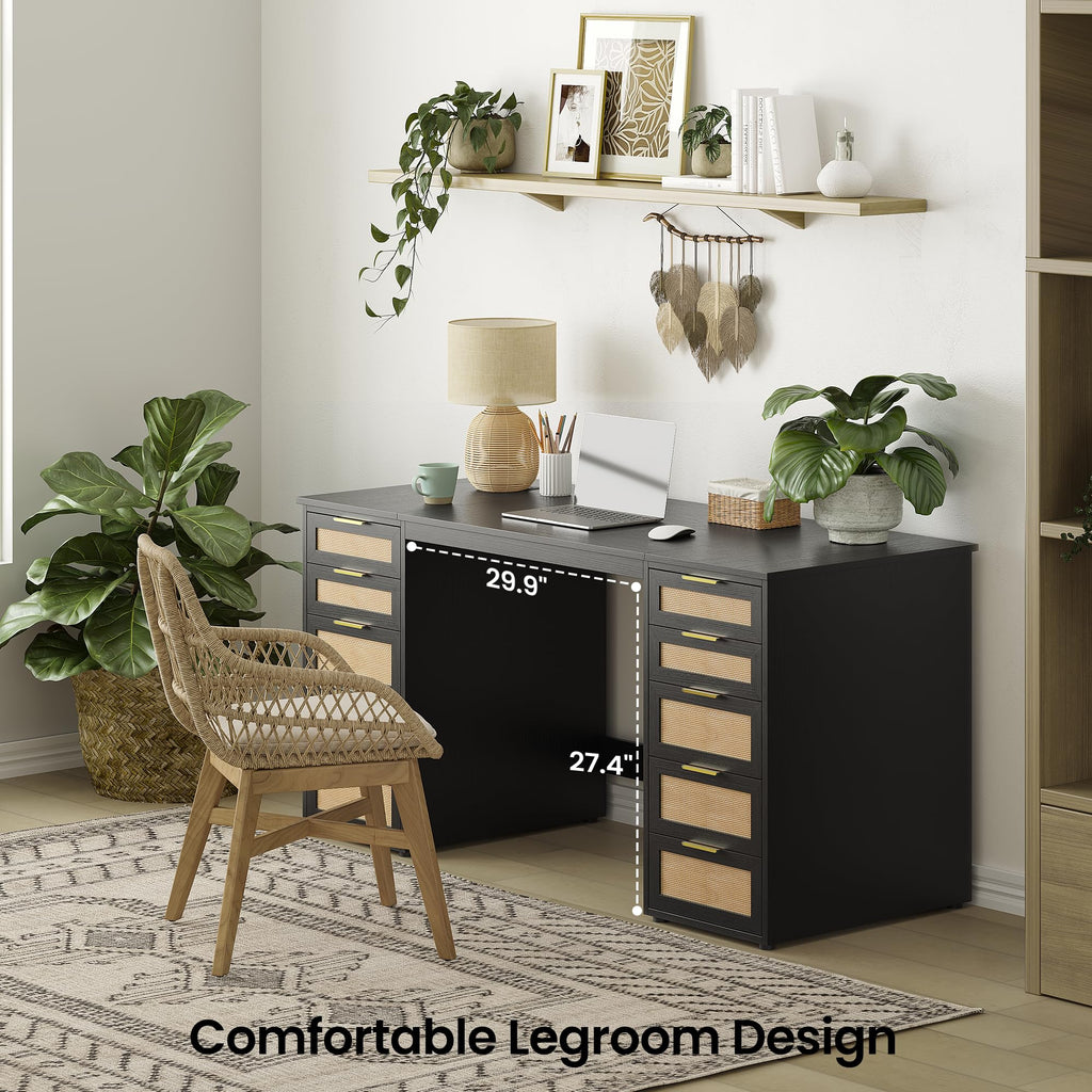 WOPITUES 60" Boho Home Office Desk with 10 Wooden Drawers, Rattan Computer Writing Desk with Power Outlets, Large Executive Desk with Storage Cabinet for Work Study Writing Craft, Black & Brown