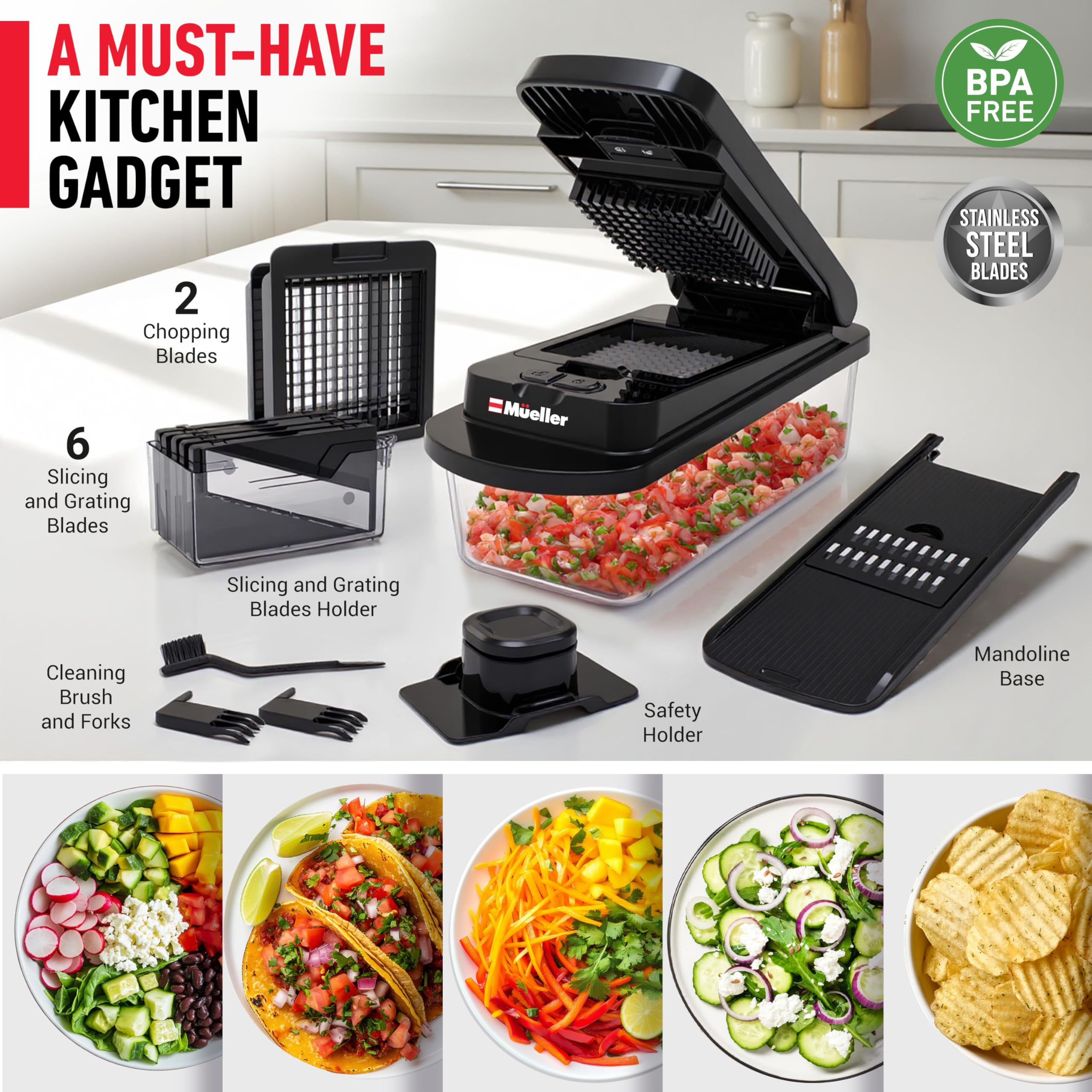 Mueller The Real Original Pro Chopper since 2013 Vegetable Chopper Mandoline Slicer, 8 Blade Food Veggie Chopper Onion Vegetable Cutter with Container, Kitchen Gadgets & Essentials, (10 in 1)