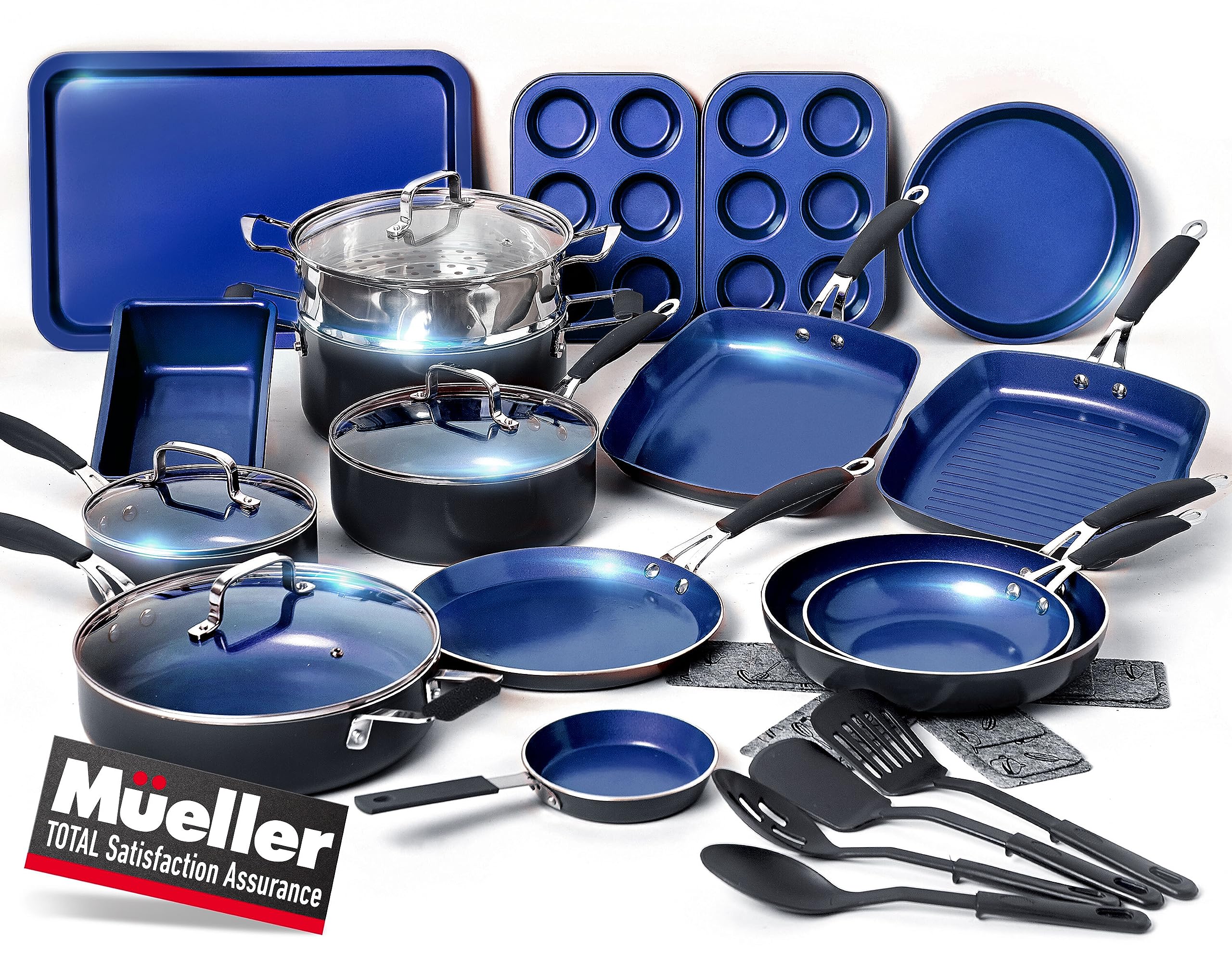 Mueller Pots and Pans Set 17-Piece, Ultra-Clad Pro Stainless Steel Cookware Set, Ergonomic EverCool Handle, Induction Cookware, Includes Saucepans, Skillets, Dutch Oven, Stockpot, Steamer For Cooking