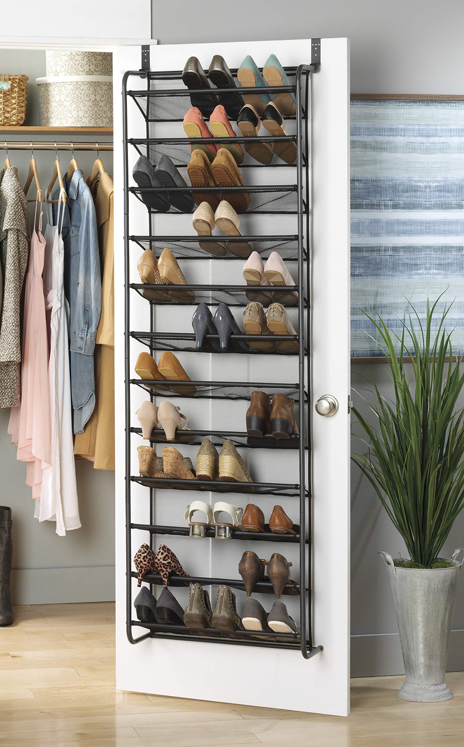Whitmor 36 Pair Over the Door Shoe Organizer, 12 Tier Hanging Shoe Organizer, Heavy Duty Metal & Mesh Shoe Holder, Hanging Shoe Rack for Closet Organizer & Storage, 74"L x 21.7"W x 7.5"H, White