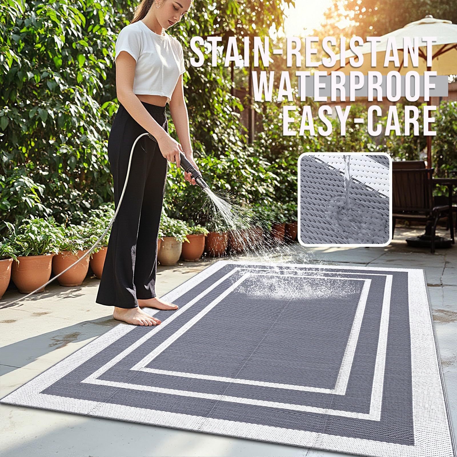 OLANLY Outdoor Rug 5x8 ft Waterproof, Reversible Outdoor Plastic Straw Rug, RV Mat, Indoor Outdoor Carpet Clearance for Patio, Camping, Balcony, Deck, Backyard, Grey & White