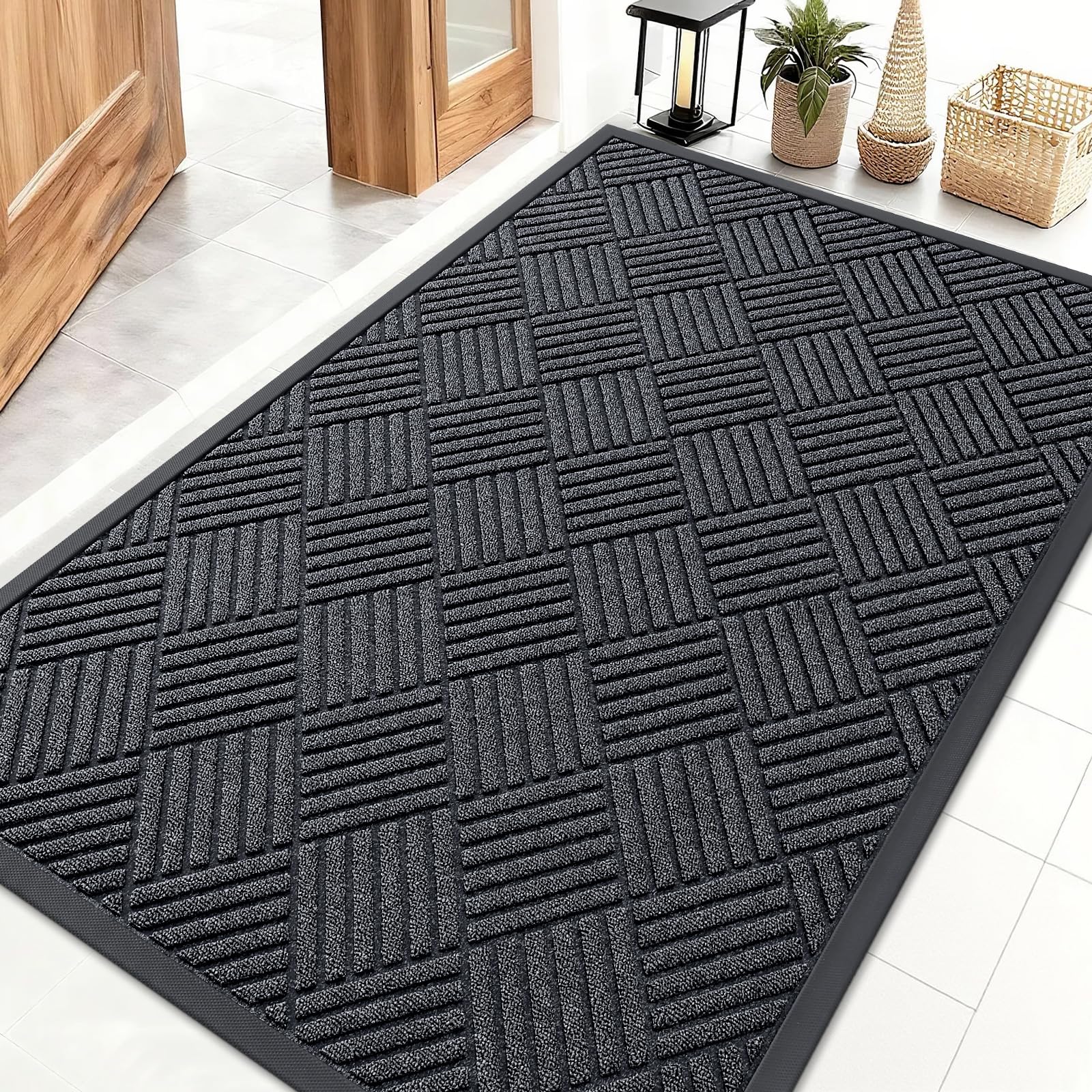 OLANLY Front Door Mat Outside Entrance 29.5x17, Absorbent, Heavy Duty Sturdy Natural Rubber Doormat Indoor Outdoor, Stain and Fade Resistant, Non-Slip Low Profile Floor Mat for Entryway, Grey Diamond