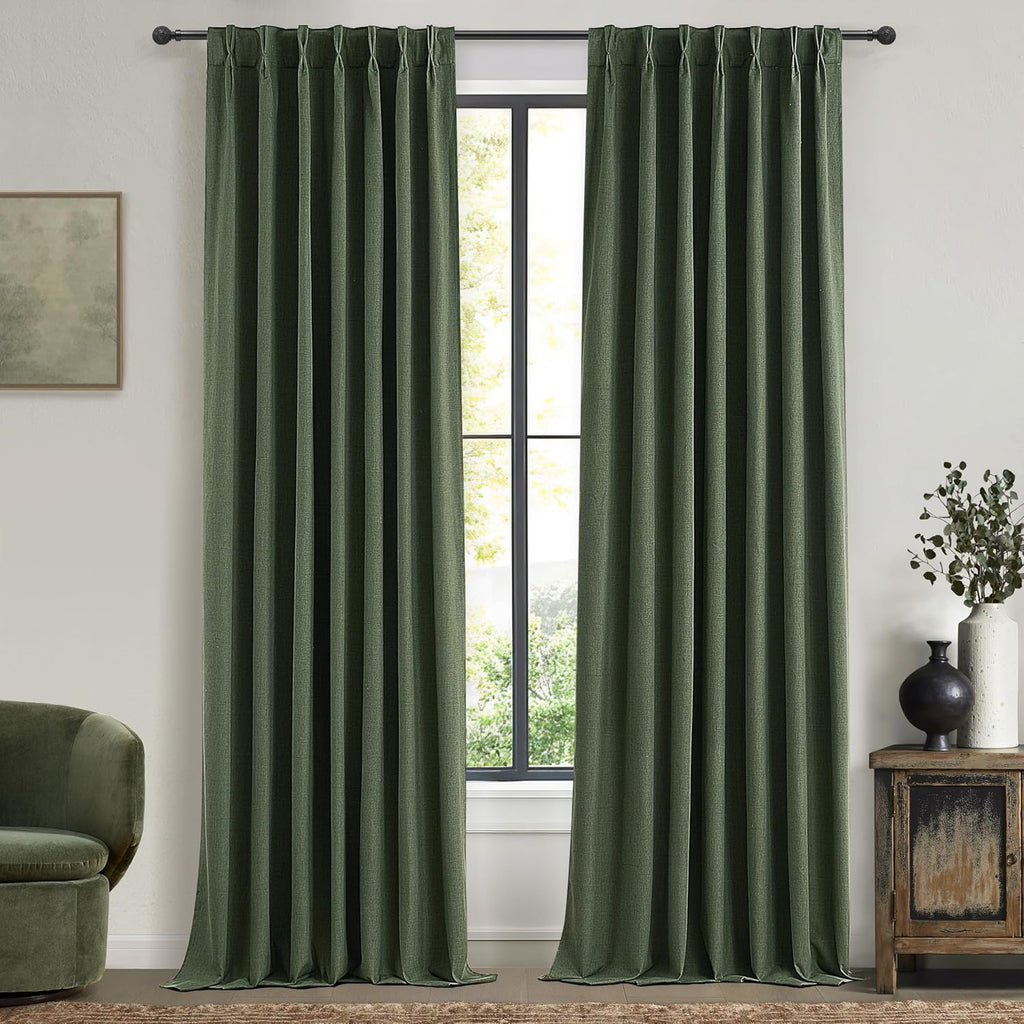 Natural Linen Pinch Pleated Blackout Curtains & Drapes 96 Inch Long Bedroom/Livingroom Farmhouse Curtains 2 Panel Sets, Neutral Track Room Darkening Thermal Insulated 8ft Back Tab Window Curtain