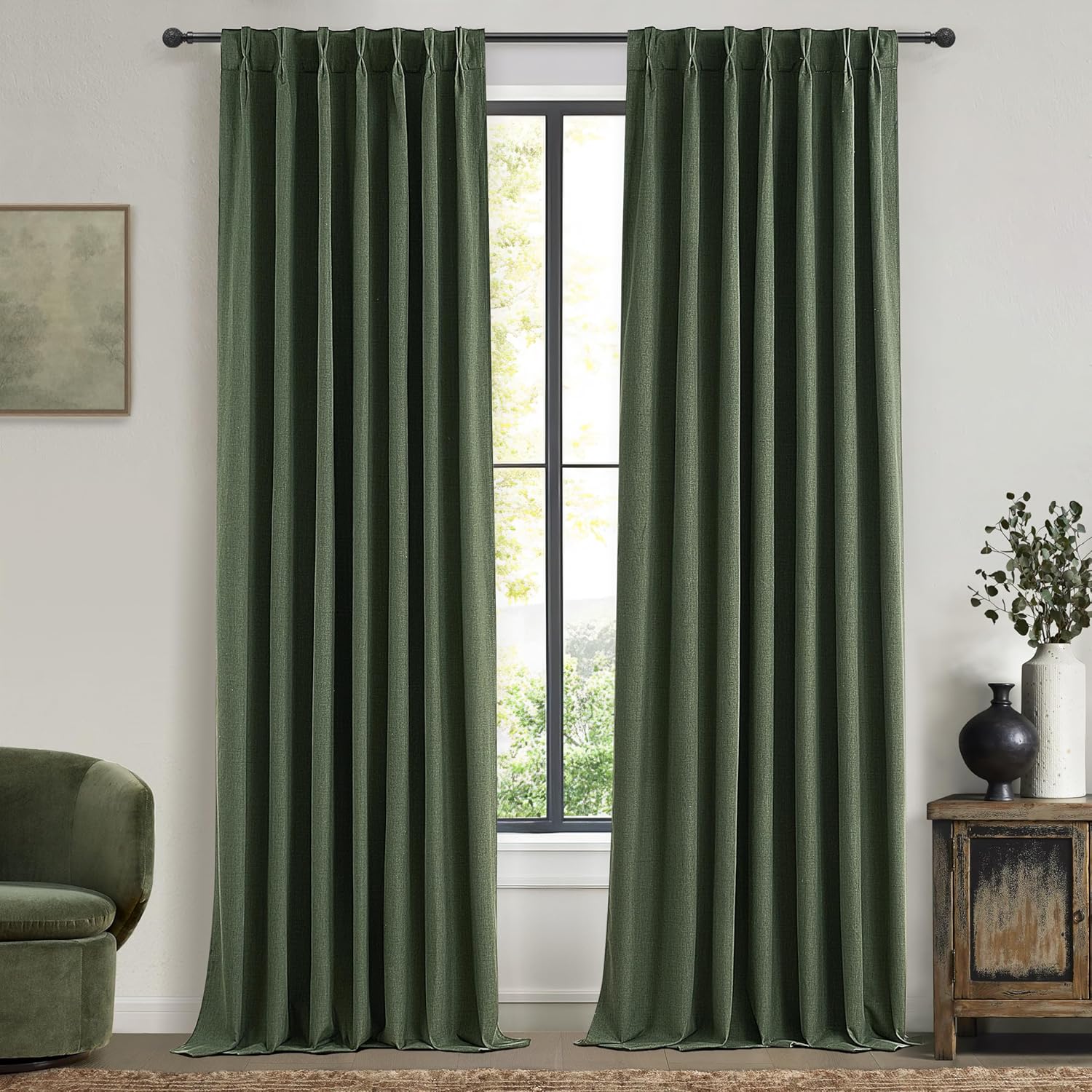 Natural Linen Pinch Pleated Blackout Curtains & Drapes 96 Inch Long Bedroom/Livingroom Farmhouse Curtains 2 Panel Sets, Neutral Track Room Darkening Thermal Insulated 8ft Back Tab Window Curtain