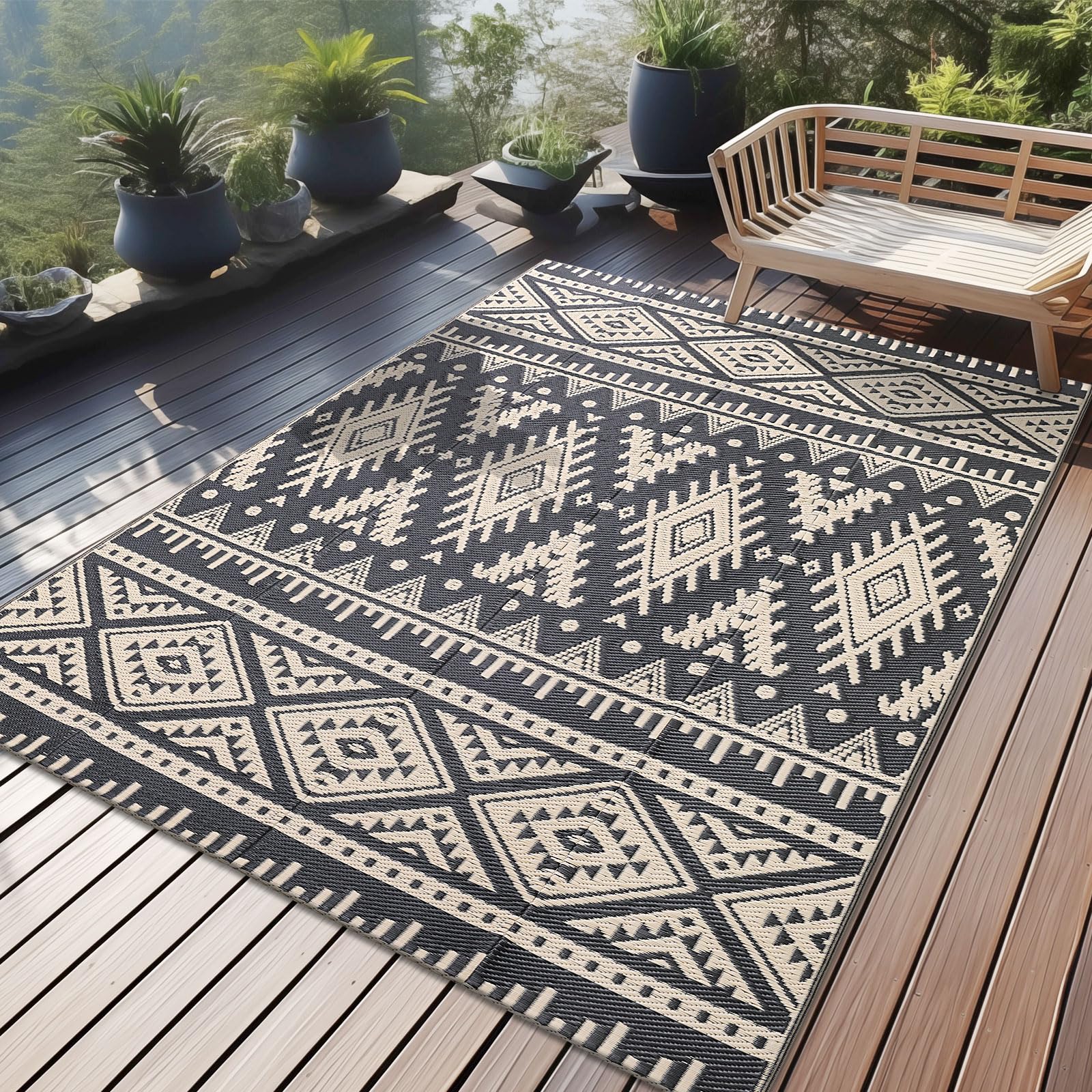 OLANLY Outdoor Rug Waterproof 5x8 ft, Reversible Outdoor Plastic Straw Rug, Boho Patio Rug, Indoor Outdoor Carpet, RV Mat Outside for Patio, Camp, Picnic, Balcony, Deck, Backyard, Black & White