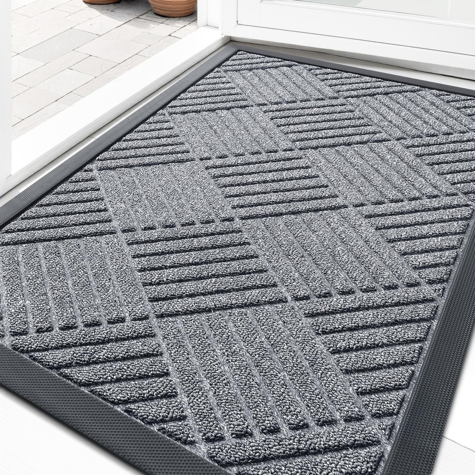 OLANLY Front Door Mat Outside Entrance 29.5x17, Absorbent, Heavy Duty Sturdy Natural Rubber Doormat Indoor Outdoor, Stain and Fade Resistant, Non-Slip Low Profile Floor Mat for Entryway, Grey Diamond