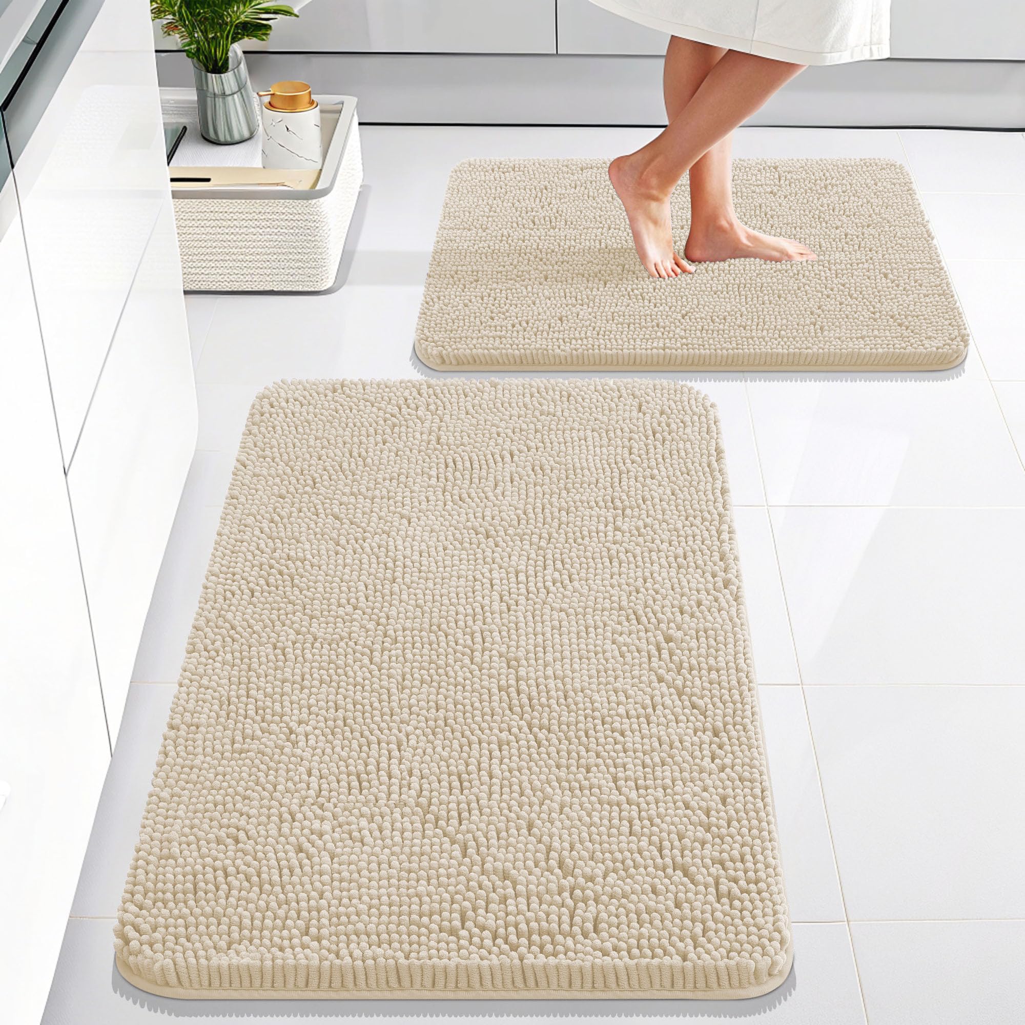 OLANLY Bathroom Rugs Sets 2 Piece, Soft Absorbent Chenille Bath Mats and U-Shaped Contour Toilet Mat Area Rug Set, Machine Washable Bath Carpet, Home Decor Accessories(30"x20"+24"x20", Grey)