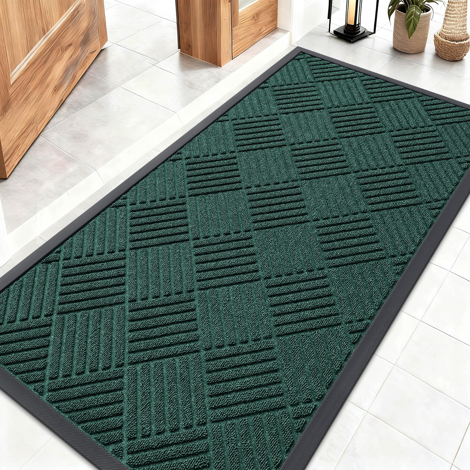 OLANLY Front Door Mat Outside Entrance 29.5x17, Absorbent, Heavy Duty Sturdy Natural Rubber Doormat Indoor Outdoor, Stain and Fade Resistant, Non-Slip Low Profile Floor Mat for Entryway, Grey Diamond